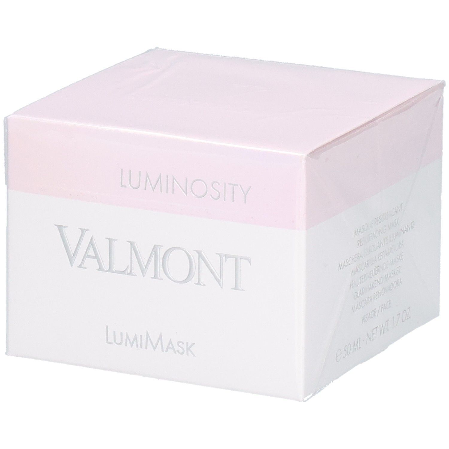 Emballage VALMONT LumiMask avec inscriptions 'LUMINOSITY' et 'VALMONT LumiMask'.