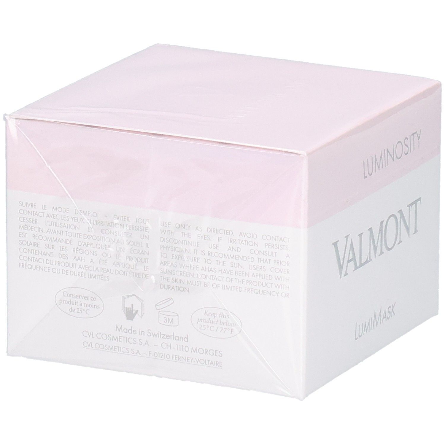 Emballage VALMONT LumiMask avec instructions et 'Made in Switzerland'.