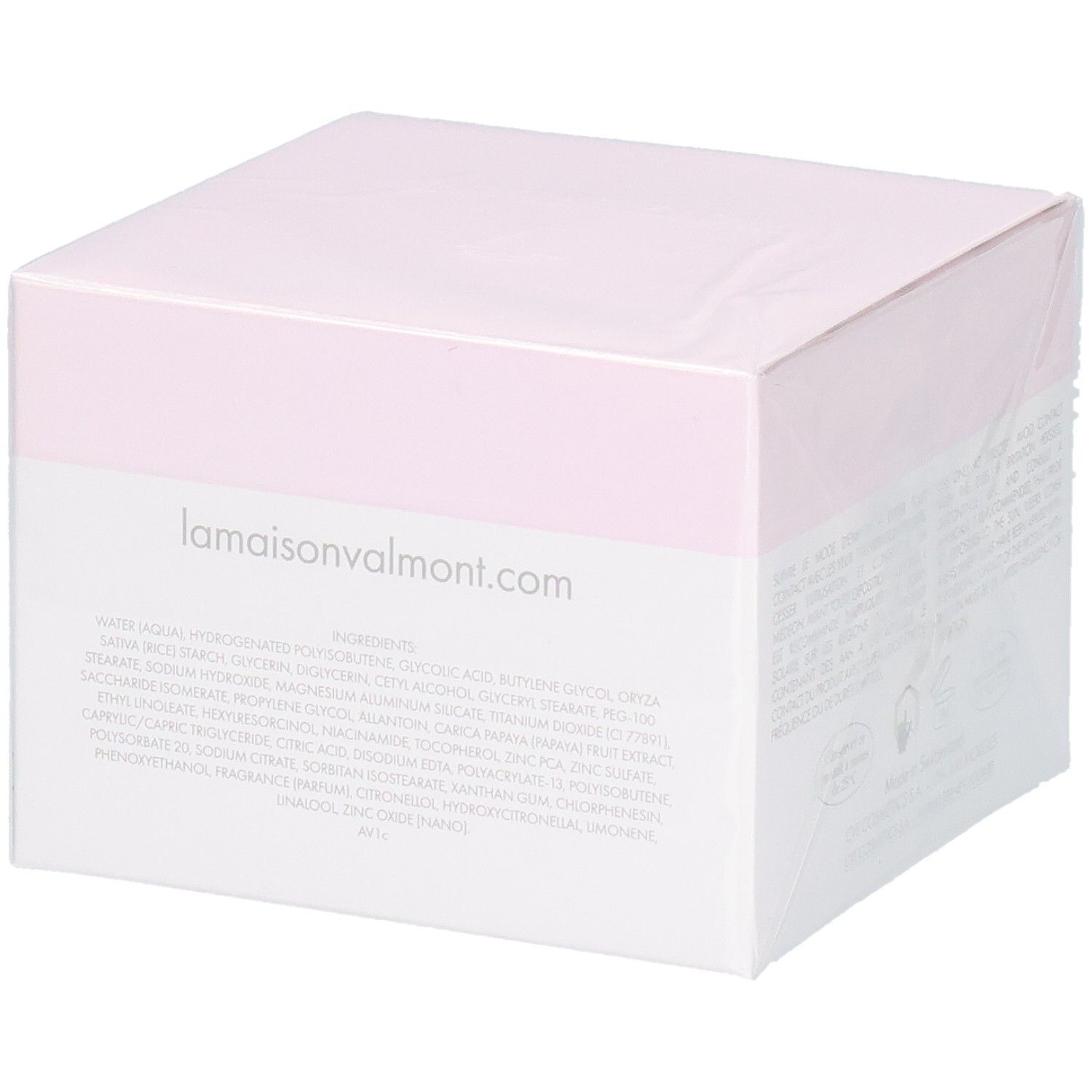 Emballage VALMONT LumiMask avec liste d'ingrédients et lamaisonvalmont.com.