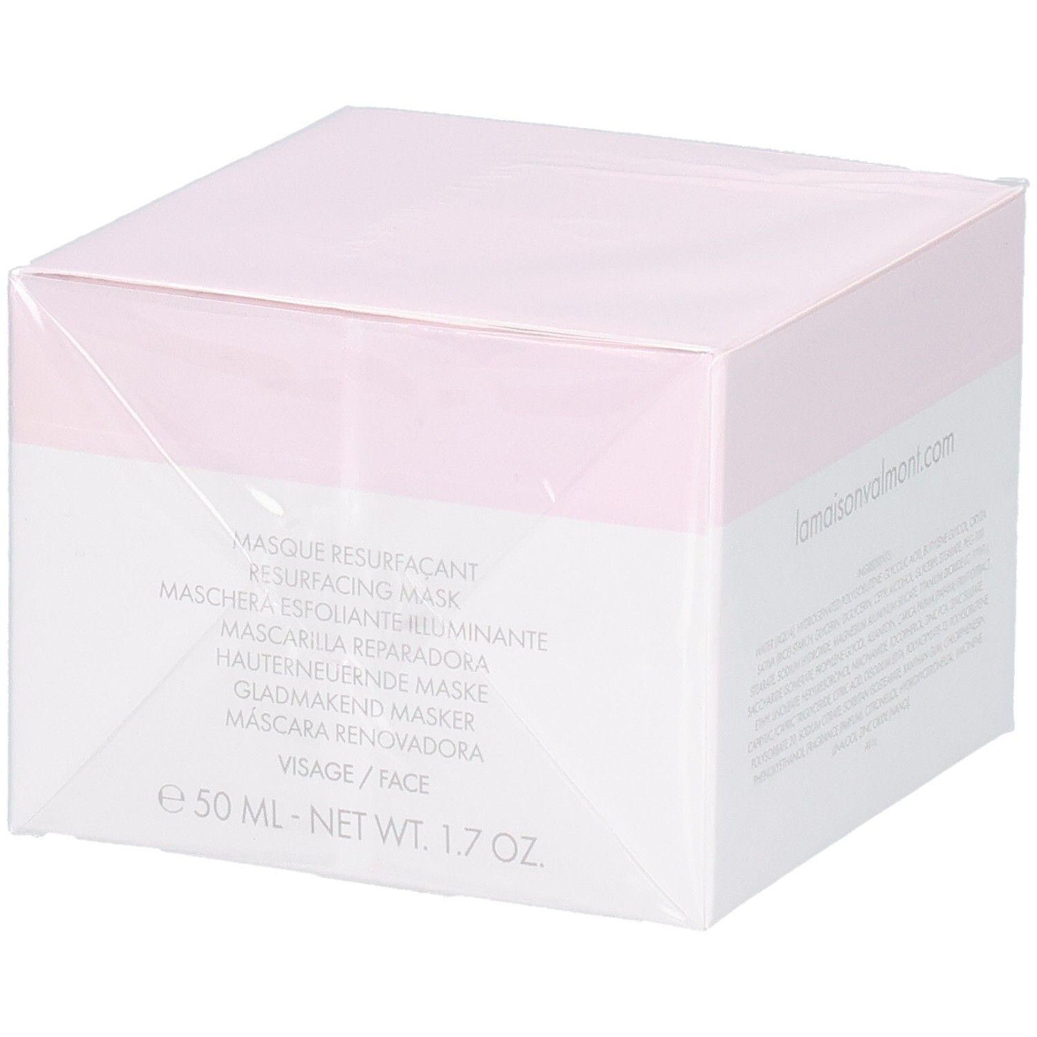Emballage VALMONT LumiMask avec nom du produit en plusieurs langues et 50ml.