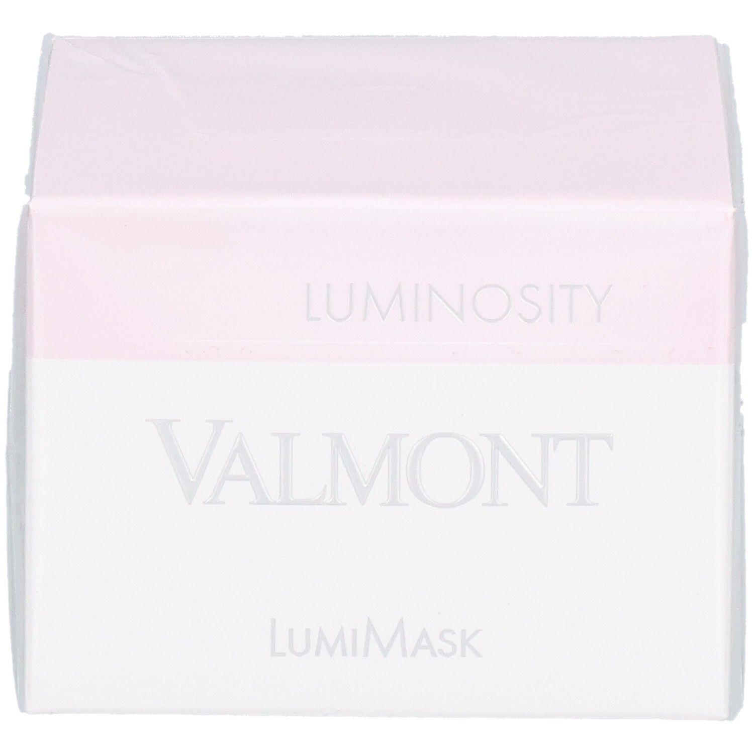 Emballage VALMONT LumiMask avec inscriptions 'LUMINOSITY' et 'VALMONT LumiMask'.