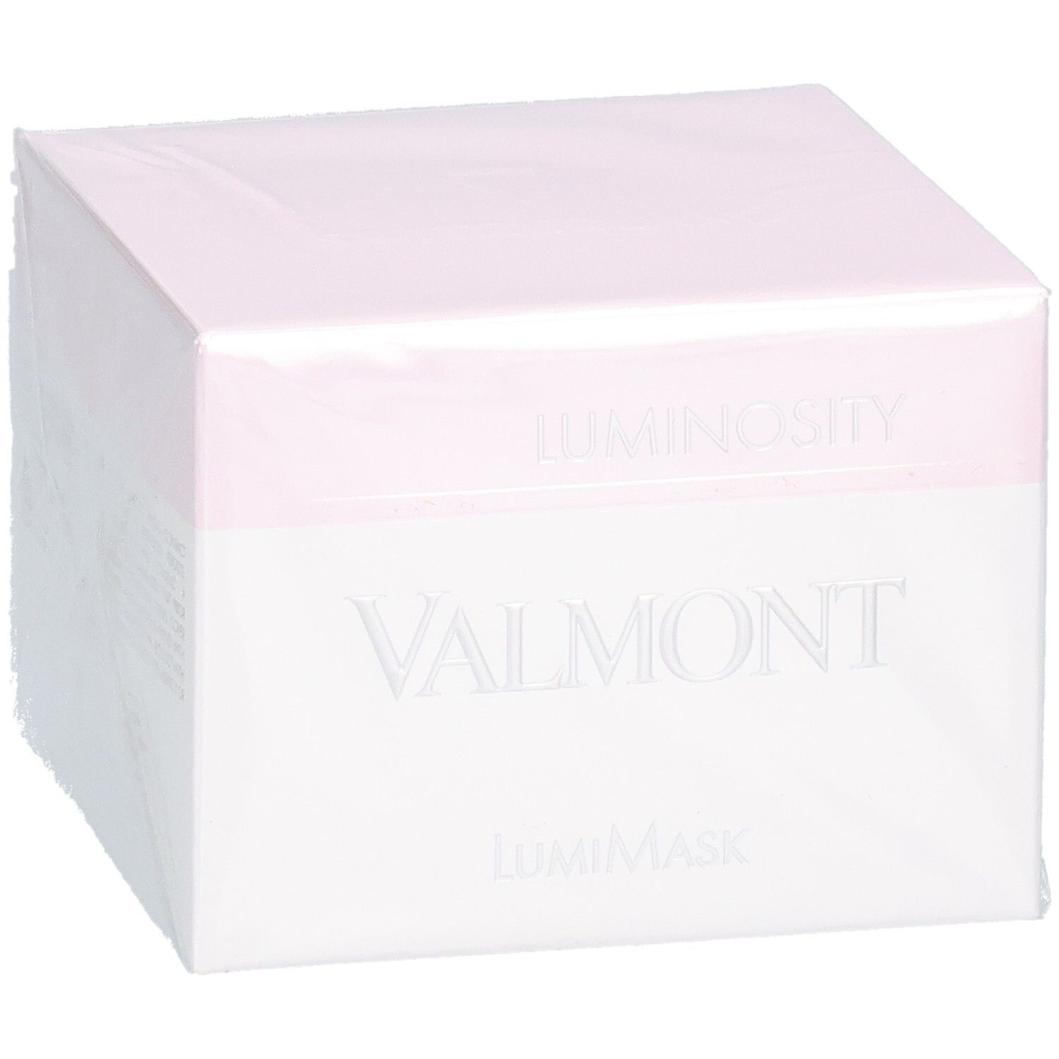 Emballage VALMONT LumiMask avec inscriptions 'LUMINOSITY' et 'VALMONT LumiMask'.