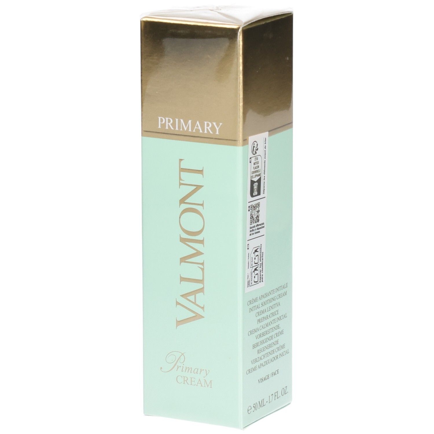 Emballage VALMONT Primary Cream, vert menthe avec capuchon doré.
