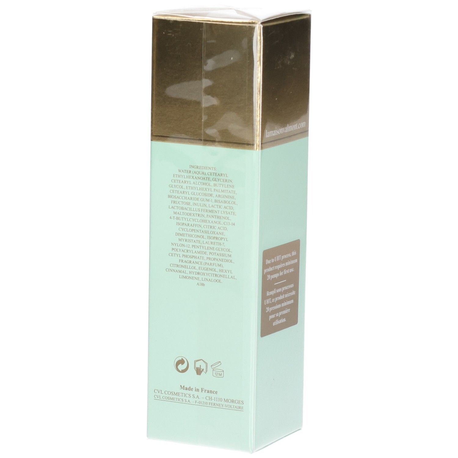 Emballage VALMONT Primary Cream, côté avec ingrédients et certifications.