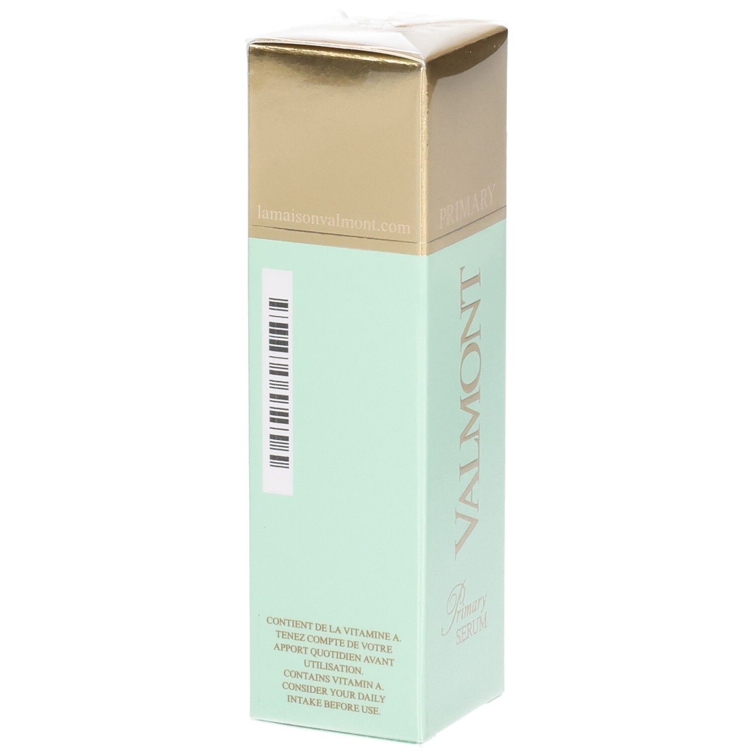 Emballage VALMONT Primary Serum, dos avec code-barres et texte.