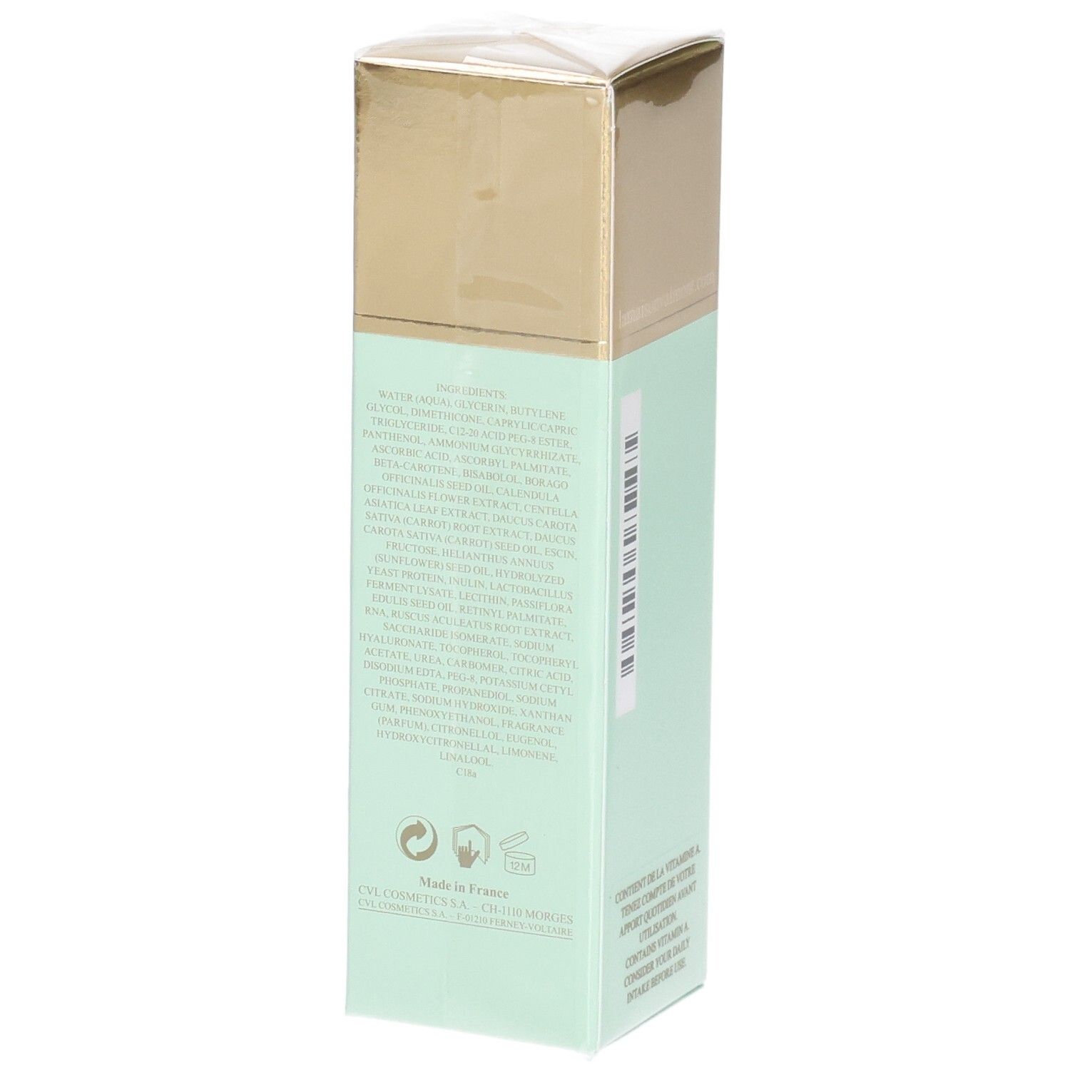 Emballage VALMONT Primary Serum, côté avec liste des ingrédients.