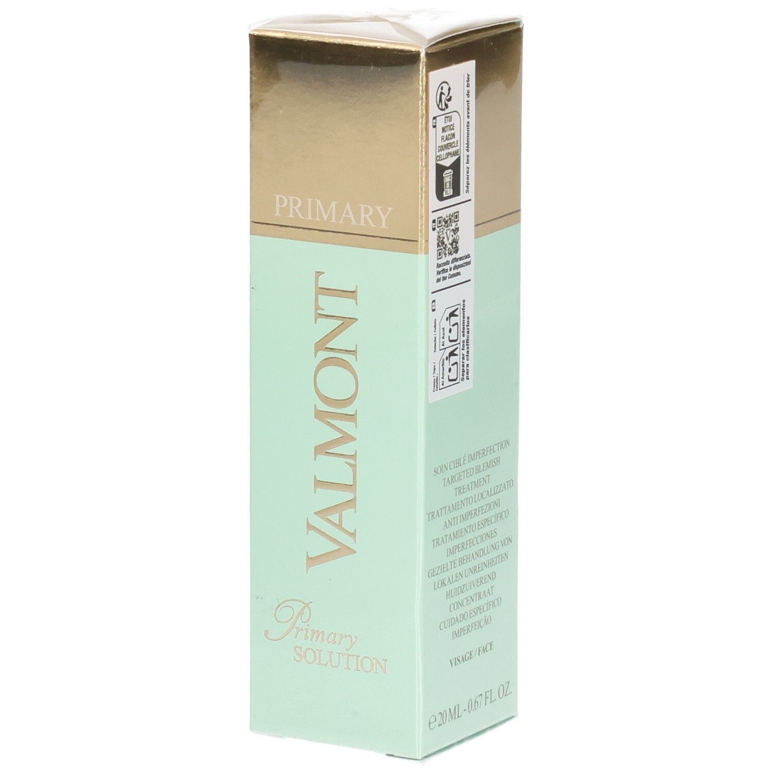Emballage VALMONT Primary Solution, couleur menthe et or.