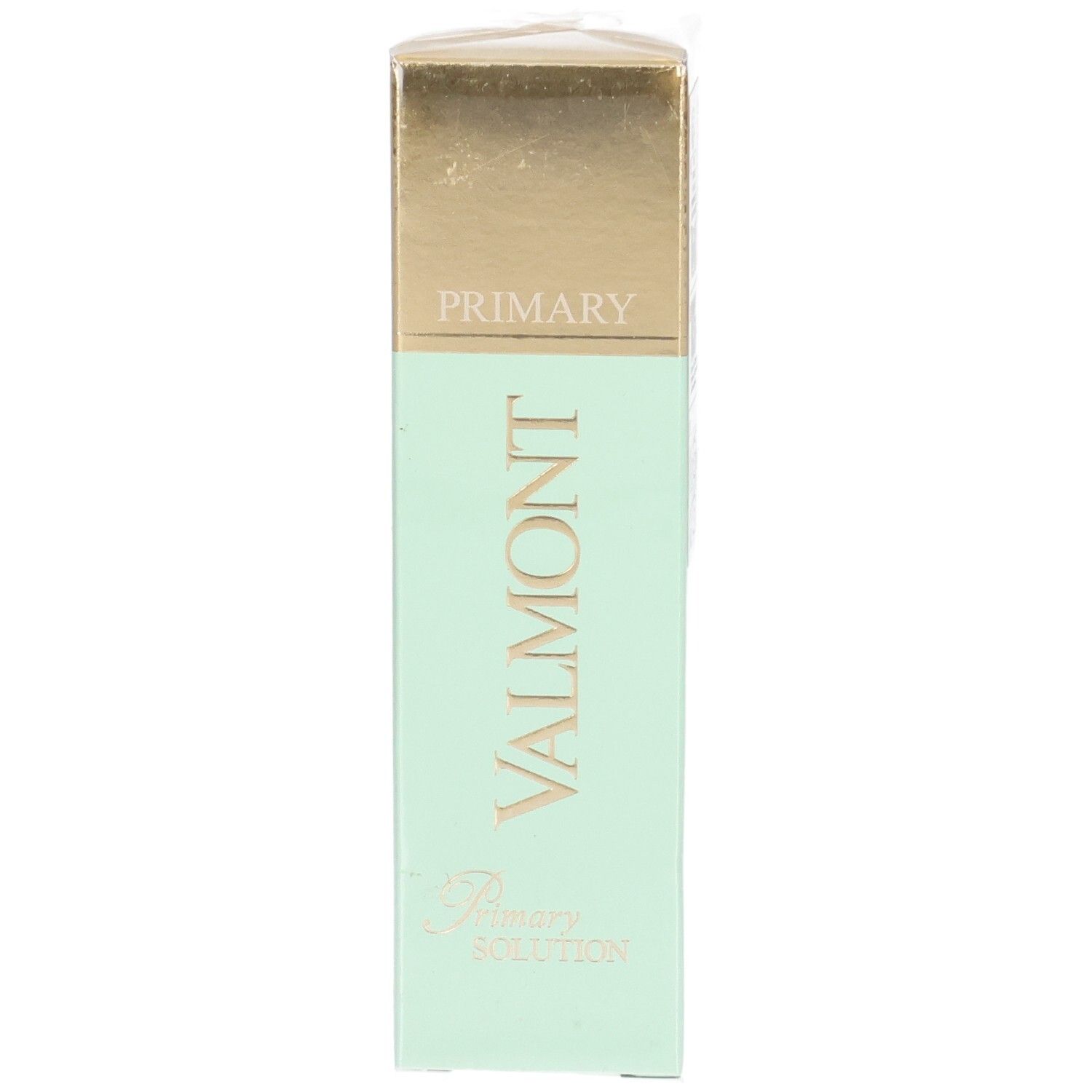 Emballage VALMONT Primary Solution, couleur menthe et or.