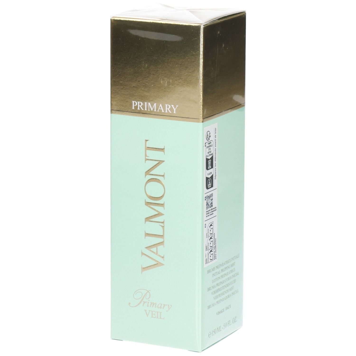 Emballage cosmétique VALMONT Primary Veil avec finition dorée et menthe.