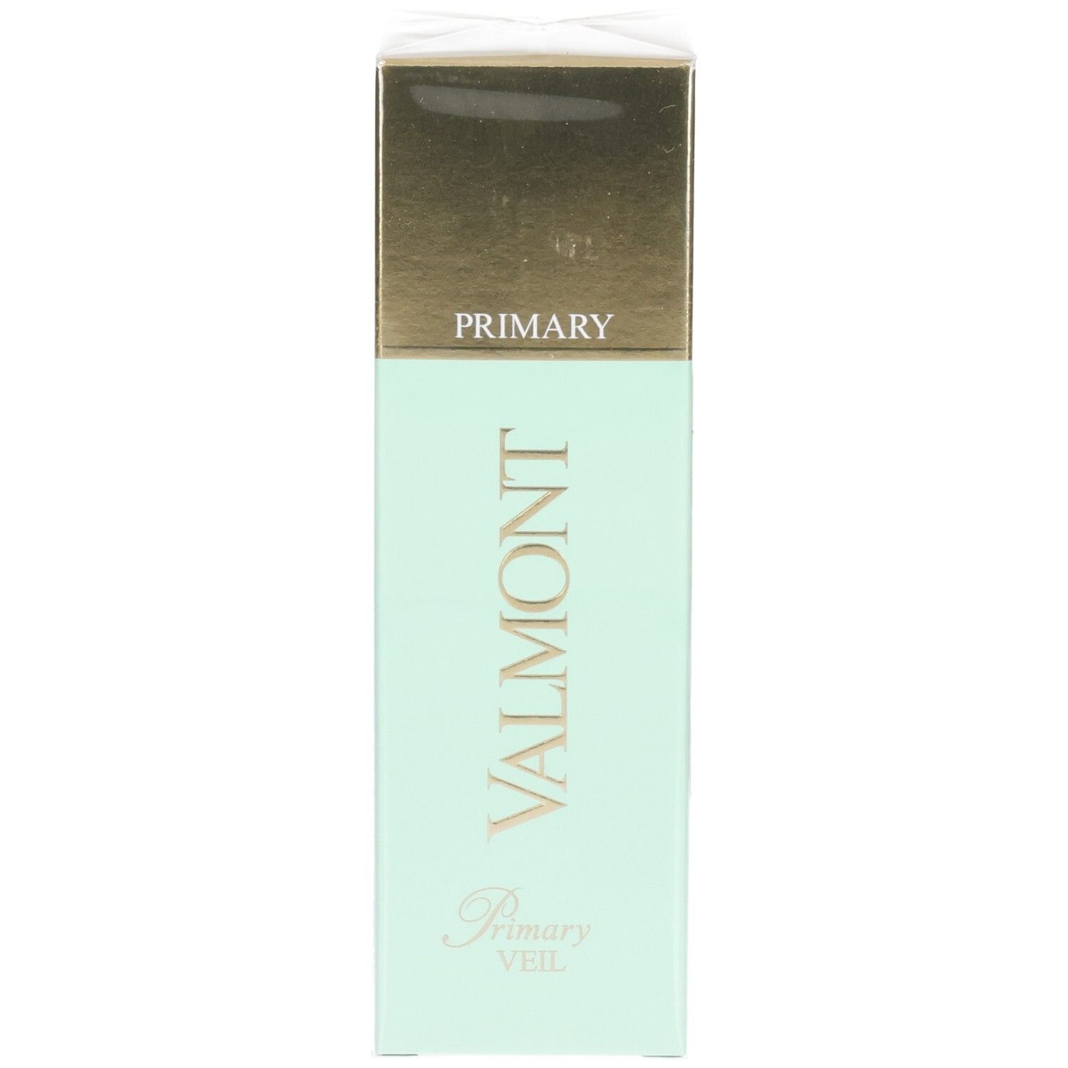 Emballage cosmétique VALMONT Primary Veil, face avant avec finition dorée et menthe.