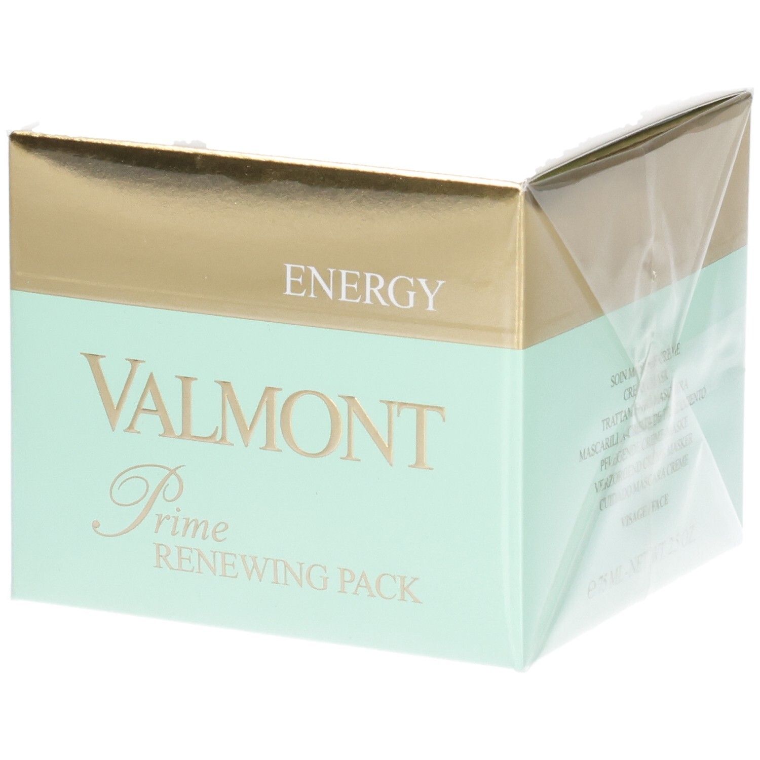 Emballage carton VALMONT Prime Renewing Pack avec accents dorés et menthe.