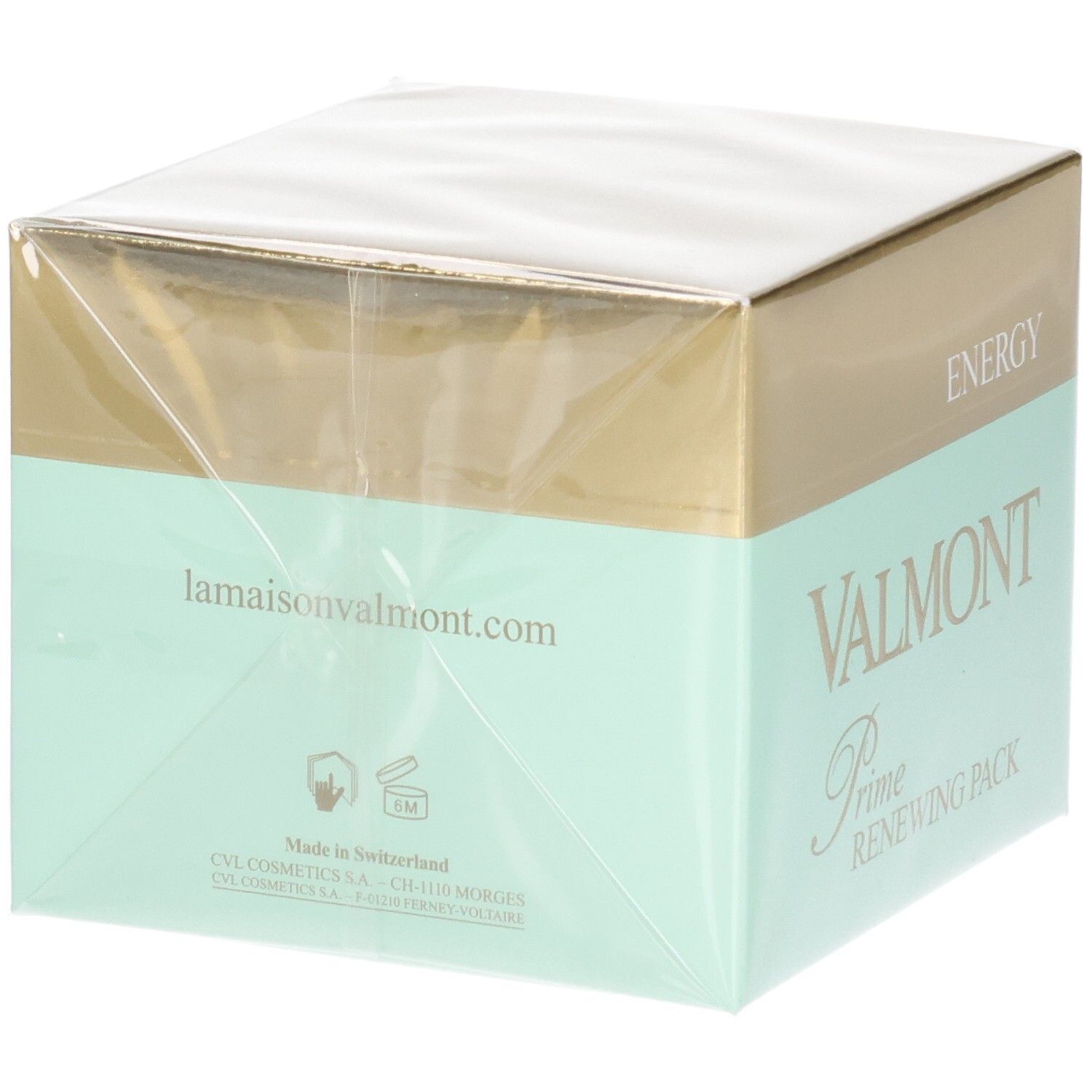 Emballage carton VALMONT Prime Renewing Pack, verso avec site web et informations de fabrication.