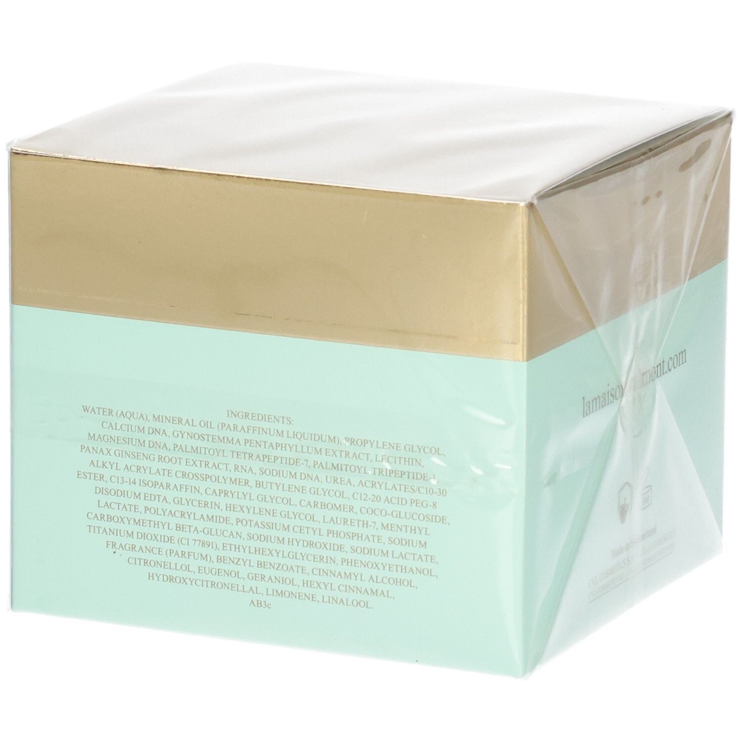 Emballage carton VALMONT Prime Renewing Pack, côté avec liste des ingrédients.