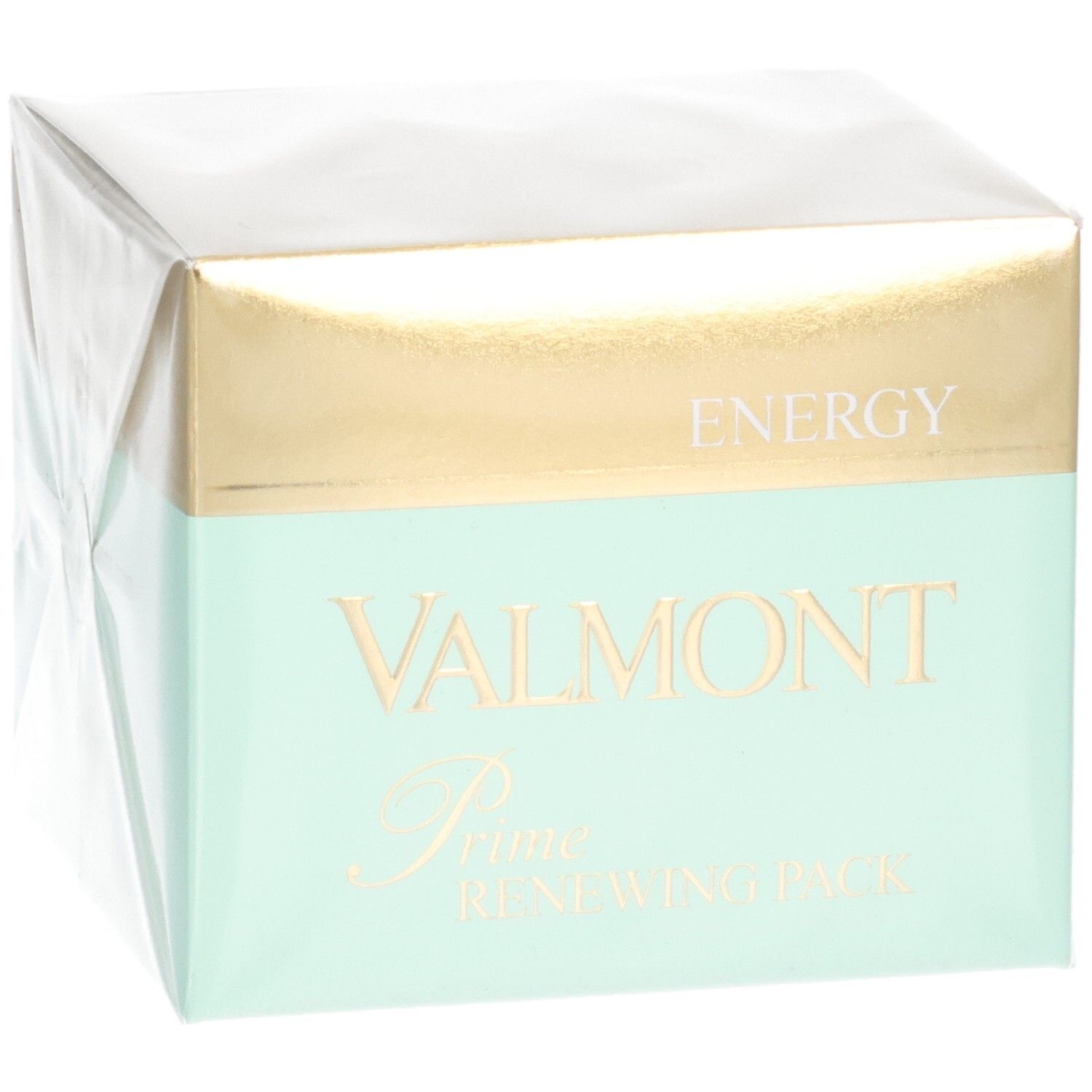 Emballage carton VALMONT Prime Renewing Pack, en biais par l'avant avec accents dorés et menthe.