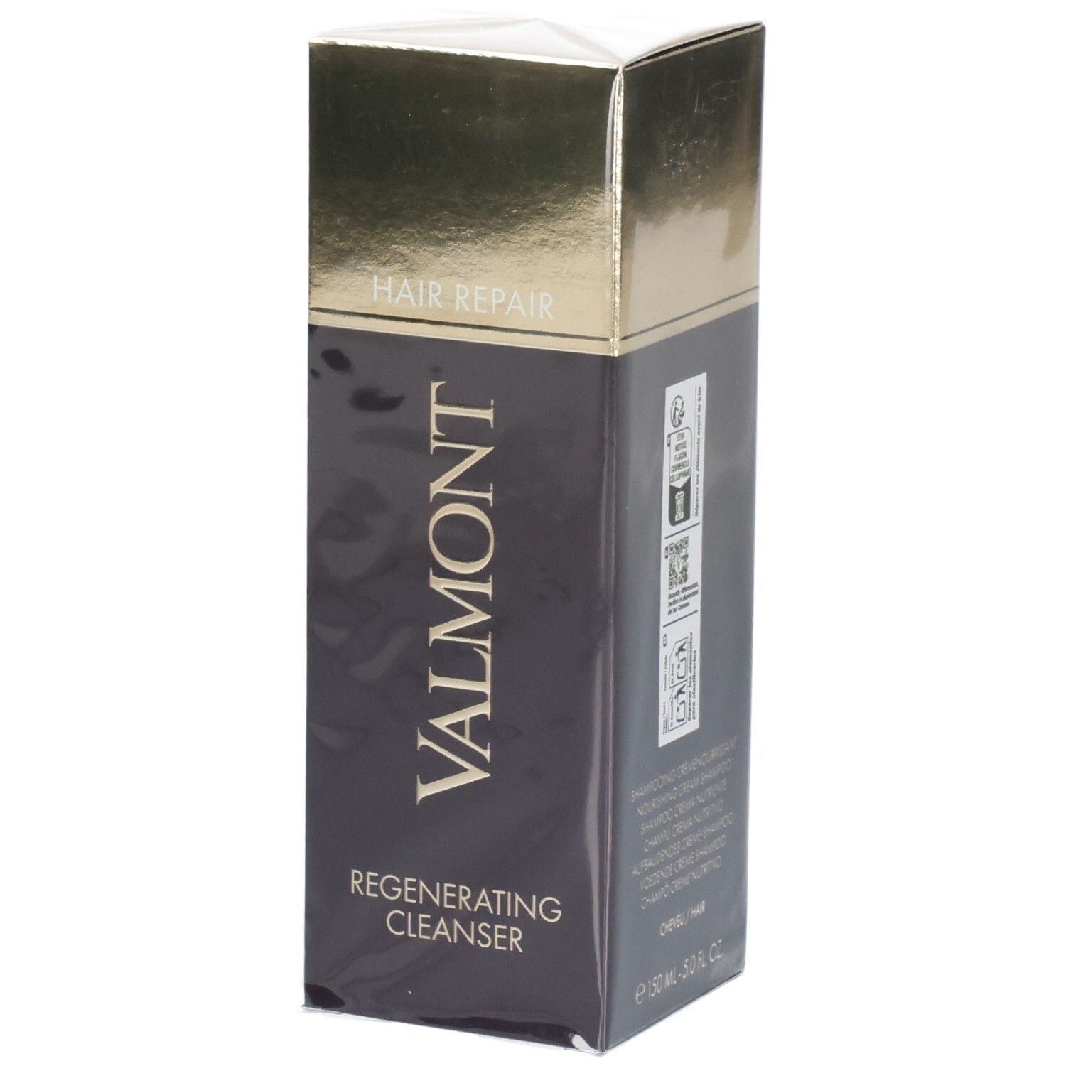 Emballage Valmont Regenerating Cleanser avec couvercle doré et corps sombre.