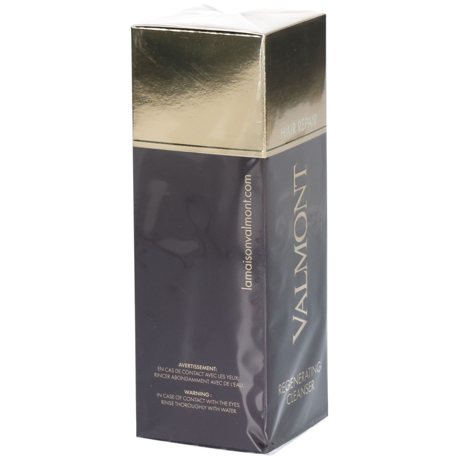 Emballage Valmont Regenerating Cleanser avec indication du site web et avertissement.