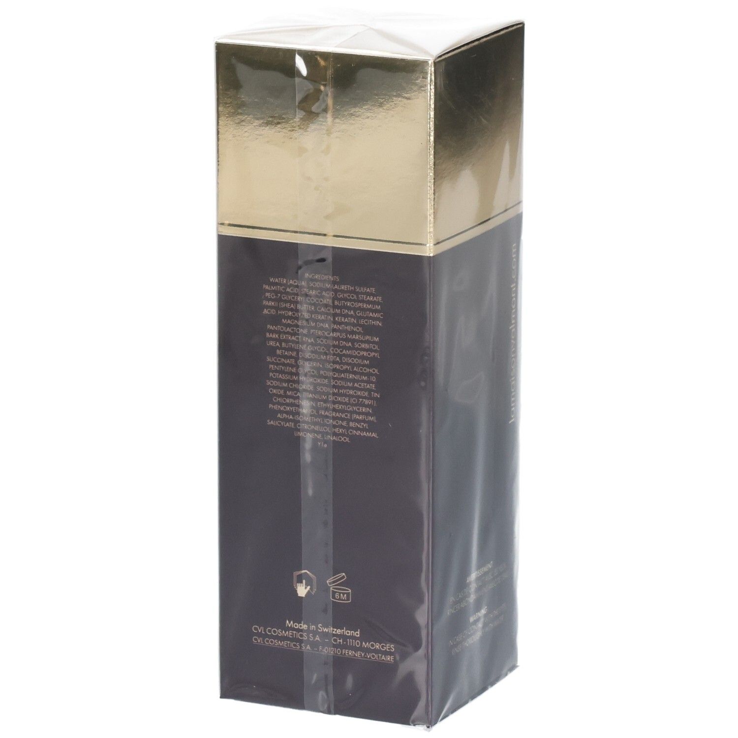 Arrière de l'emballage Valmont Regenerating Cleanser avec ingrédients et indication d'origine.