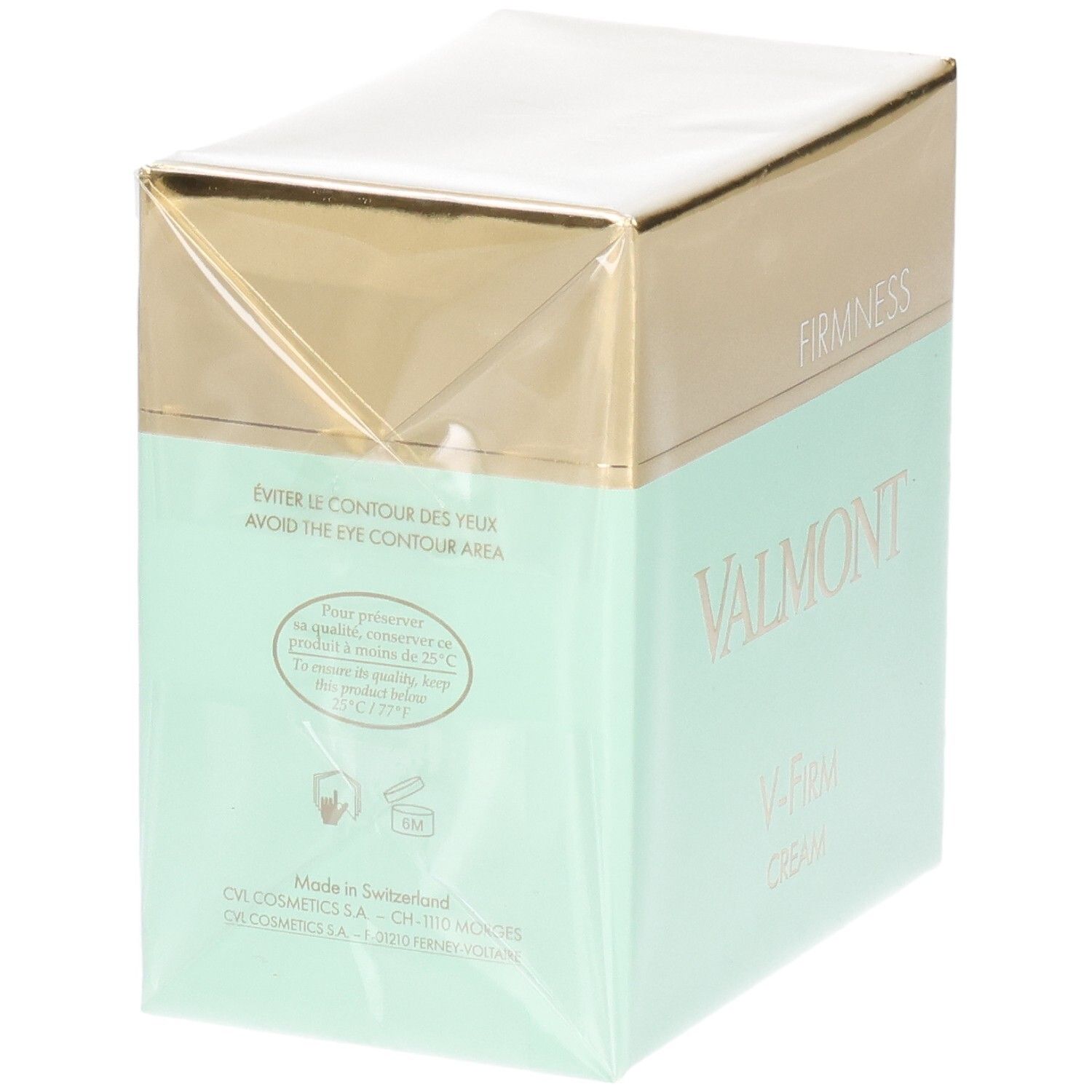 Emballage Valmont V-Firm Cream, côté avec avertissement pour le contour des yeux et "Made in Switzerland".