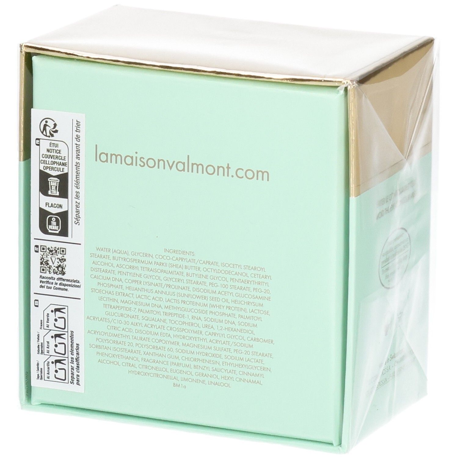 Emballage Valmont V-Firm Cream, dos avec liste des ingrédients et "lamaisonvalmont.com".