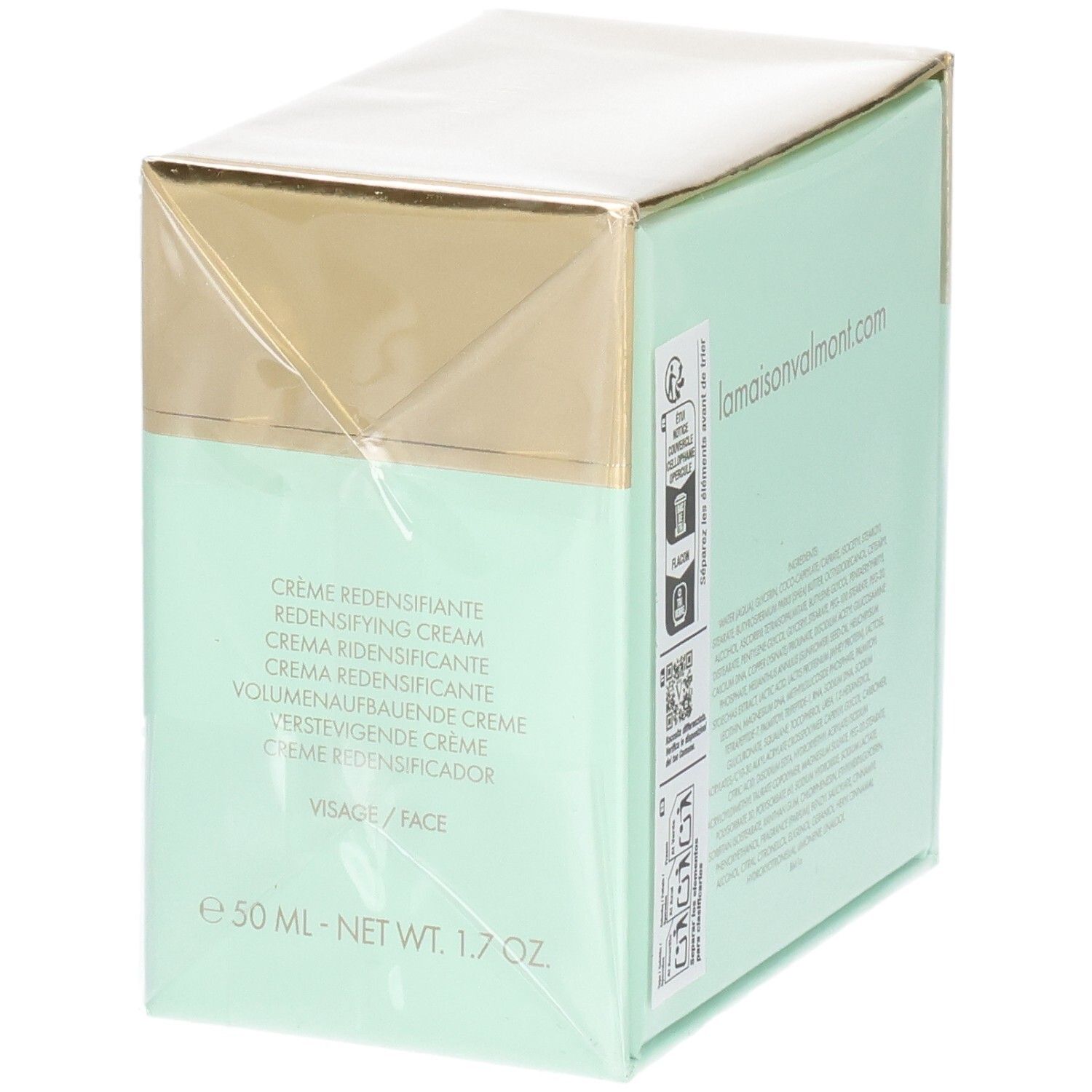 Emballage Valmont V-Firm Cream, côté avec noms de produits multilingues et "50 ML - NET WT 1.7 OZ".