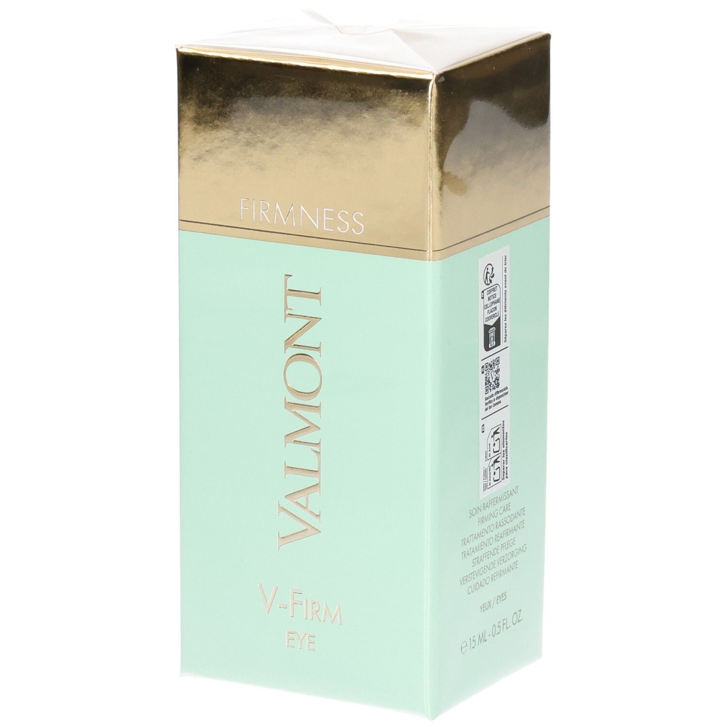 Emballage VALMONT V-Firm Eye, vert menthe avec dessus doré.