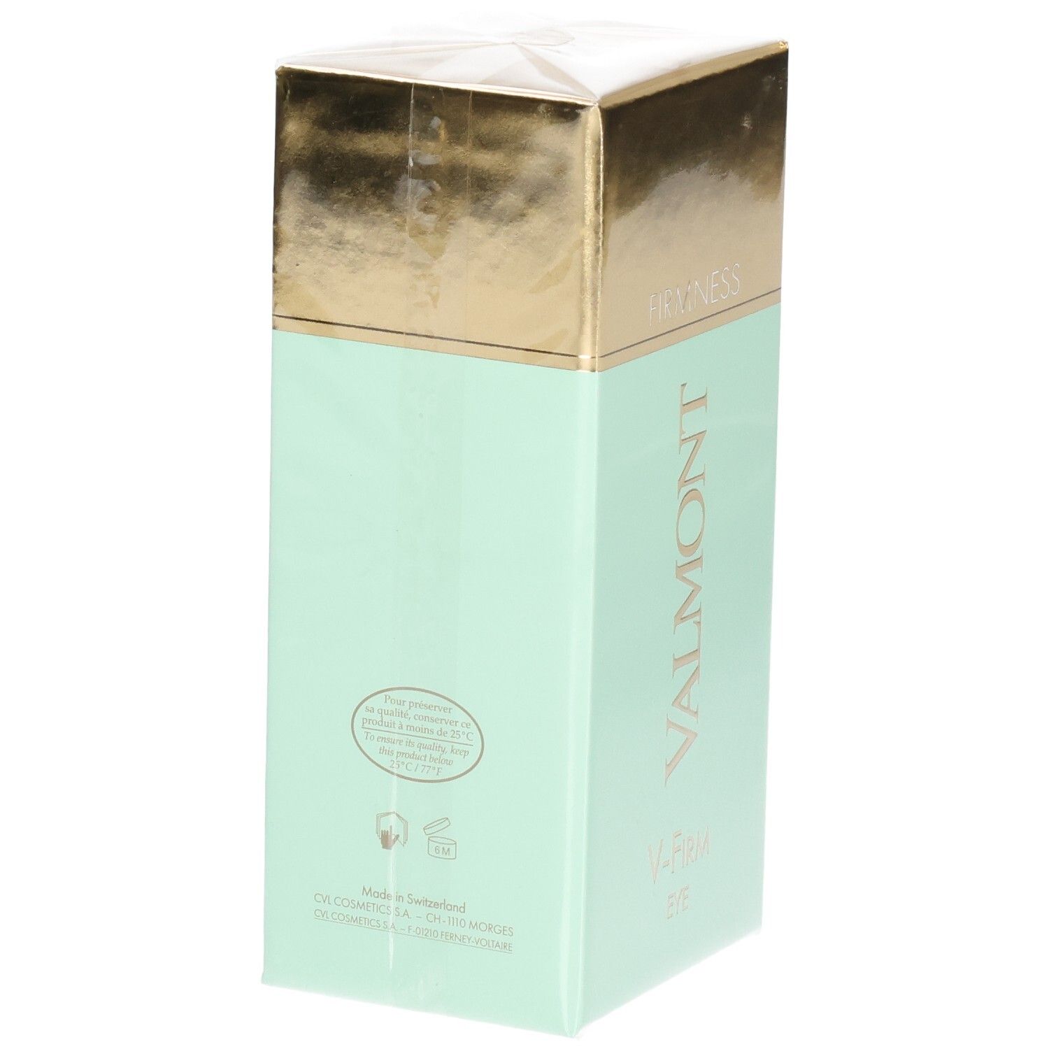 Emballage VALMONT V-Firm Eye, verso avec informations et Made in Switzerland.