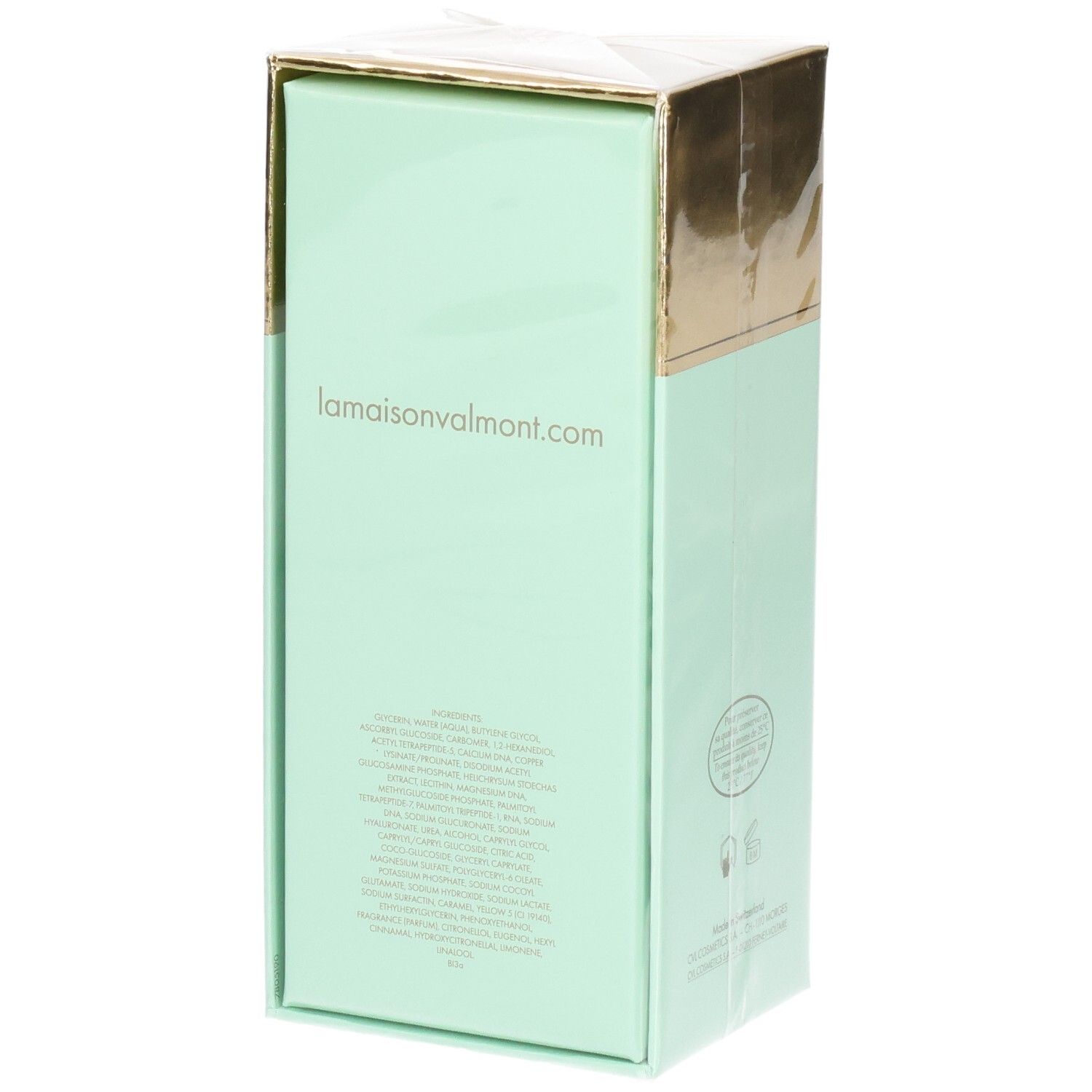 Emballage VALMONT V-Firm Eye, côté avec ingrédients et lamaisonvalmont.com.
