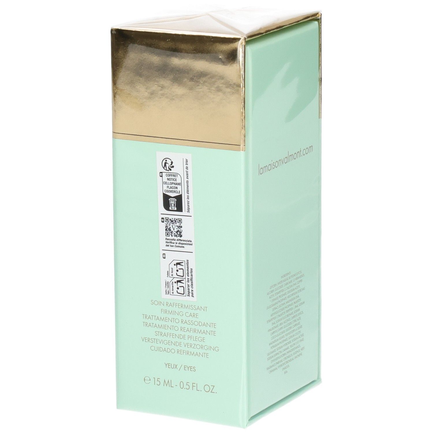 Emballage VALMONT V-Firm Eye, côté avec informations produit et 15 ml.
