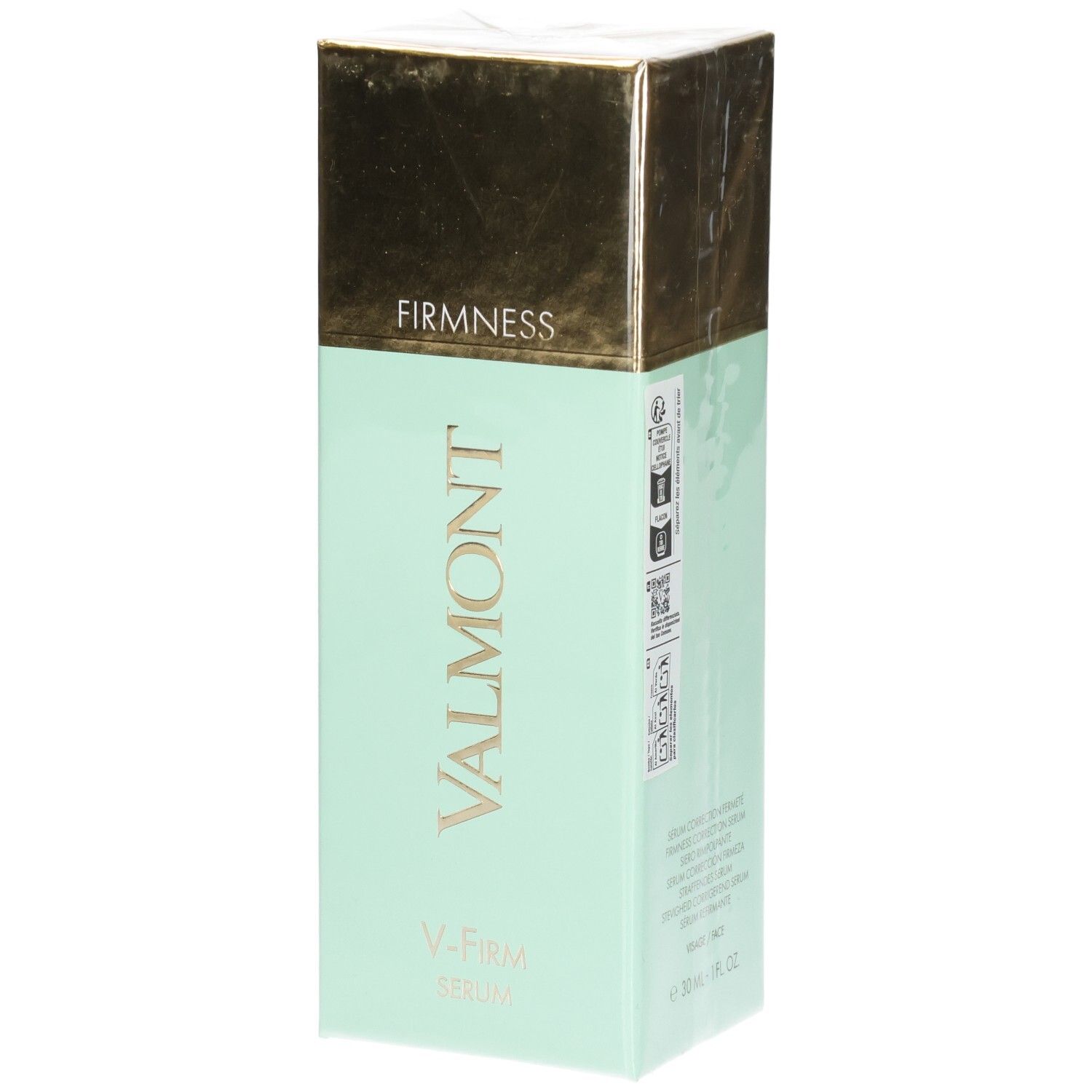 Boîte VALMONT V-Firm Serum avec capuchon doré et gaufrage.