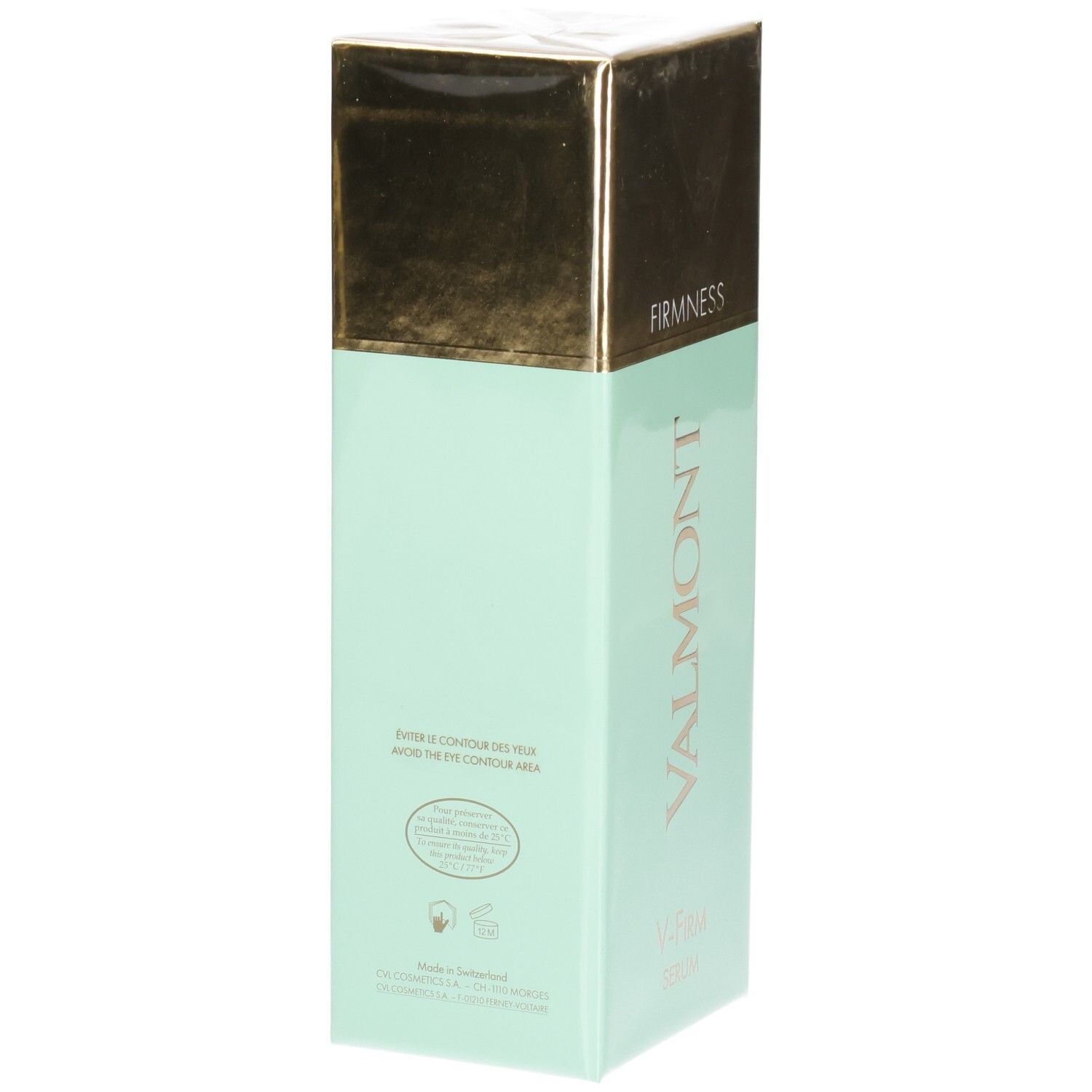 Boîte VALMONT V-Firm Serum, verso avec informations produit et sceaux.