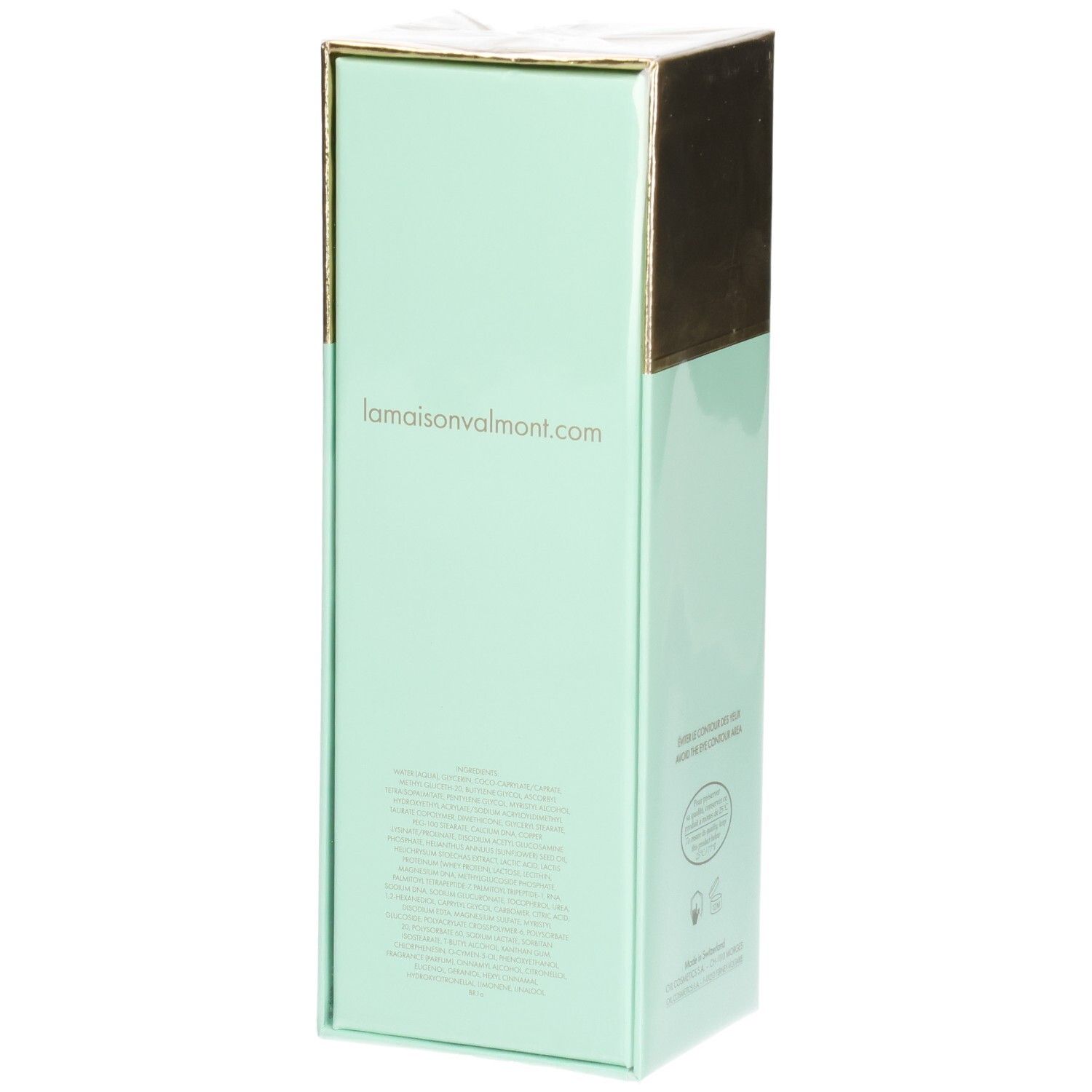 Boîte VALMONT V-Firm Serum, côté avec adresse web et texte.