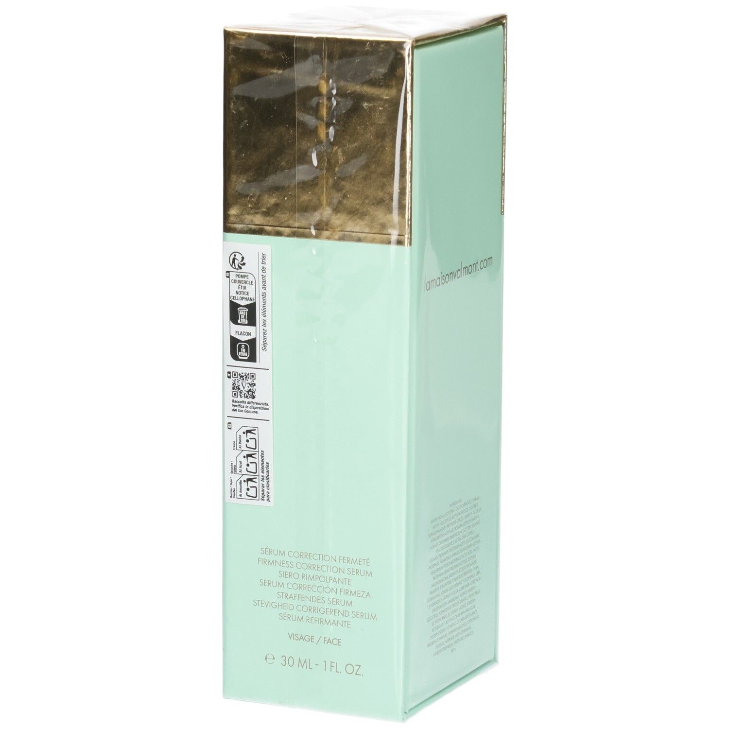 Boîte VALMONT V-Firm Serum, côté avec sceaux et nom du produit.