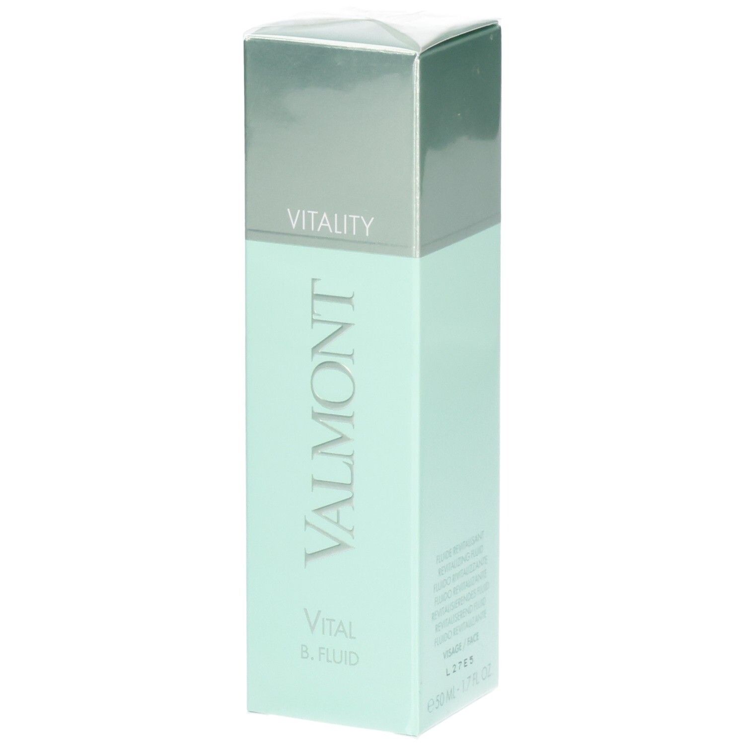 Flacon VALMONT Vital B. Fluid dans un emballage vert pâle avec un capuchon argenté.