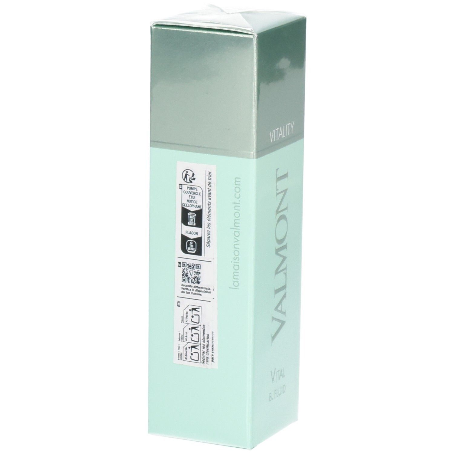 Flacon VALMONT Vital B. Fluid avec étiquettes et code QR au dos.