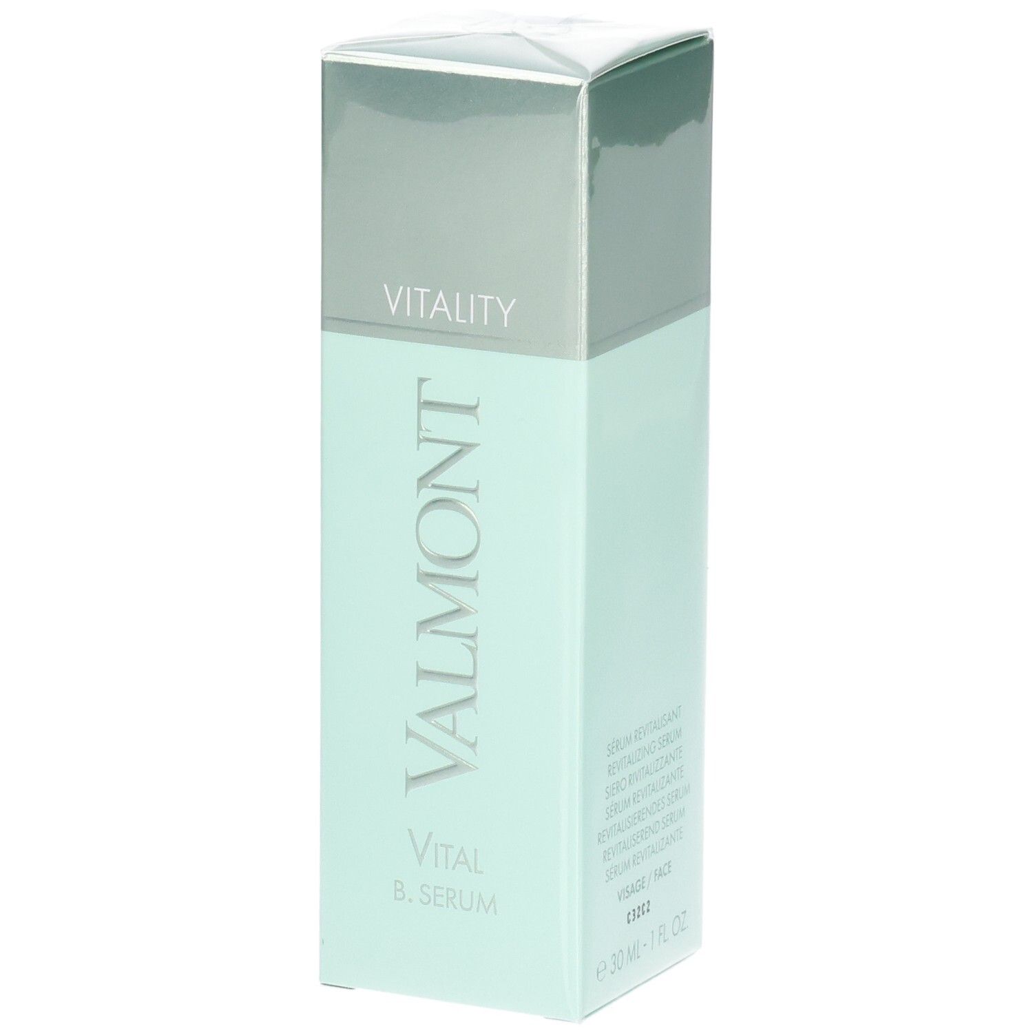 Emballage VALMONT Vital B. Serum. Boîte vert pâle et argentée avec nom du produit et inscription Vitality.