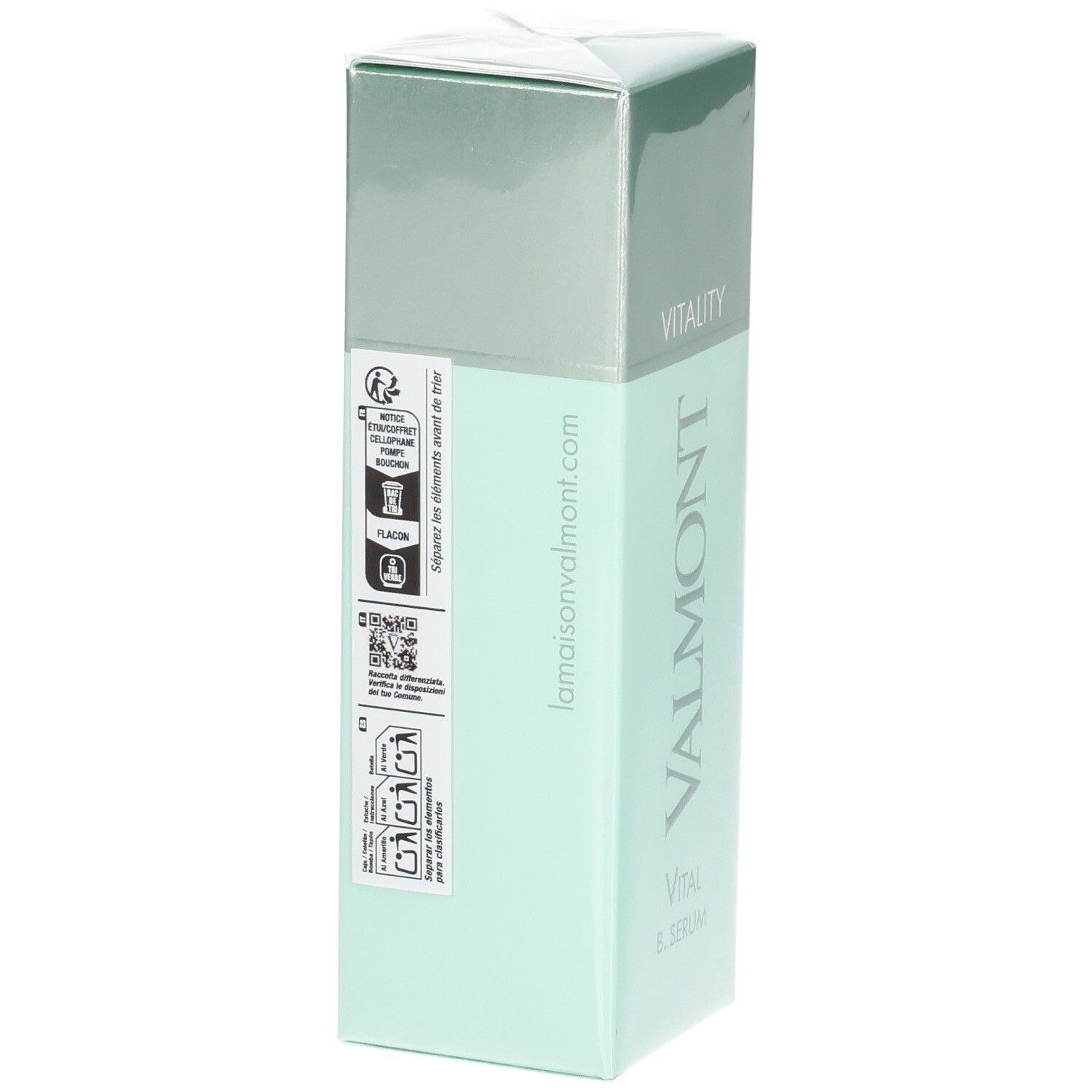 Emballage VALMONT Vital B. Serum. Dos avec site web et symboles de recyclage.