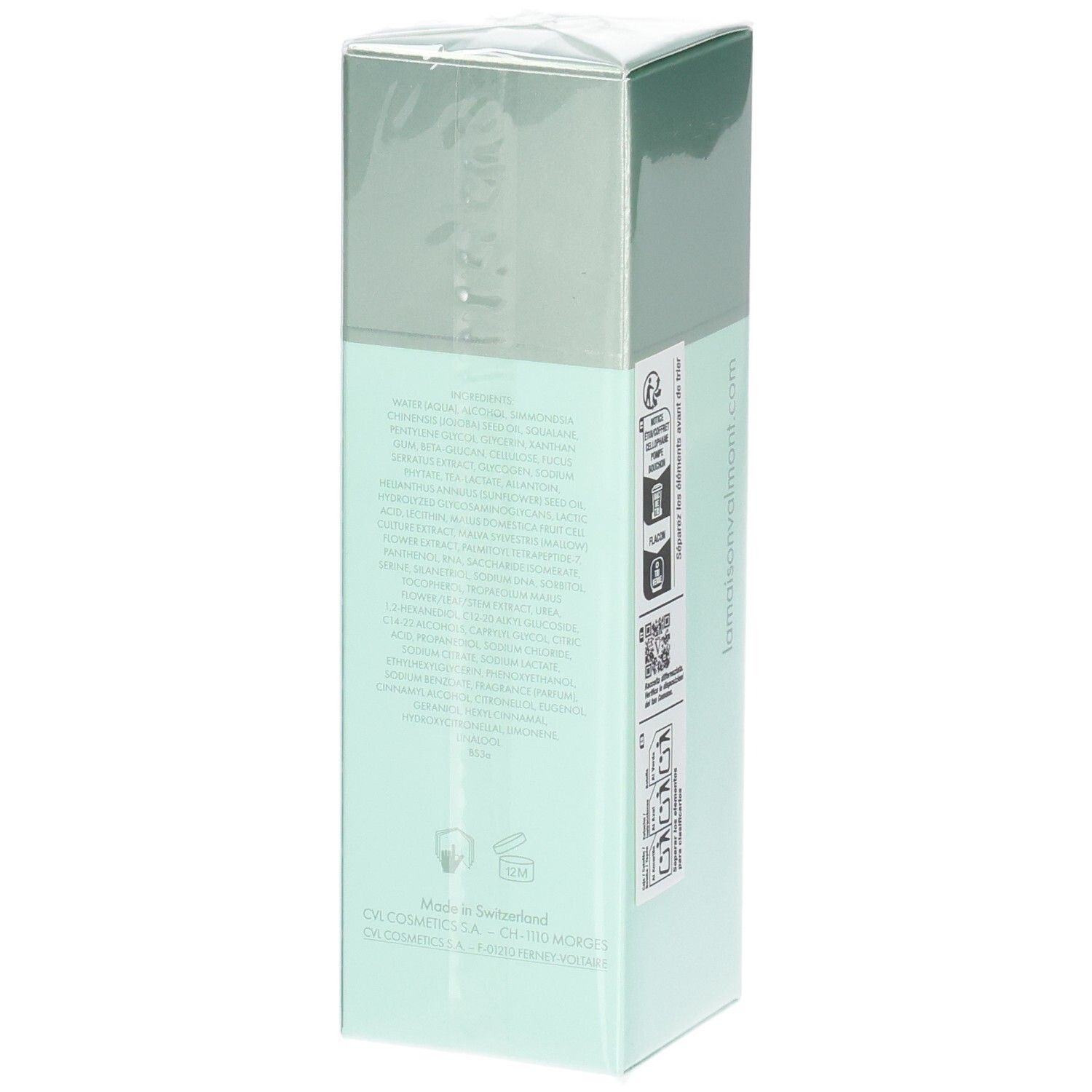 Emballage VALMONT Vital B. Serum. Côté avec informations détaillées sur le produit et mention Made in Switzerland.