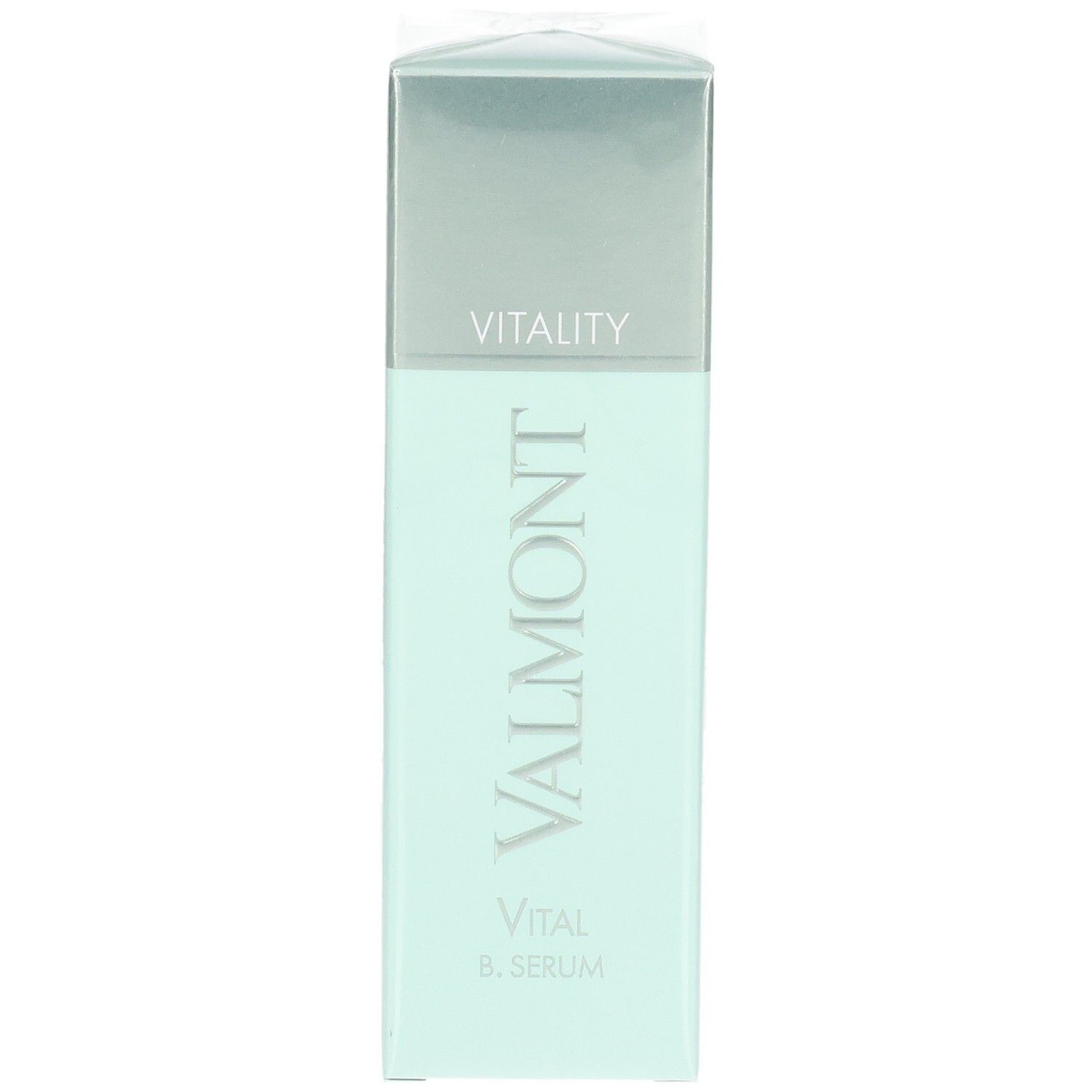 Emballage VALMONT Vital B. Serum. Vue de face de la boîte vert pâle et argentée.