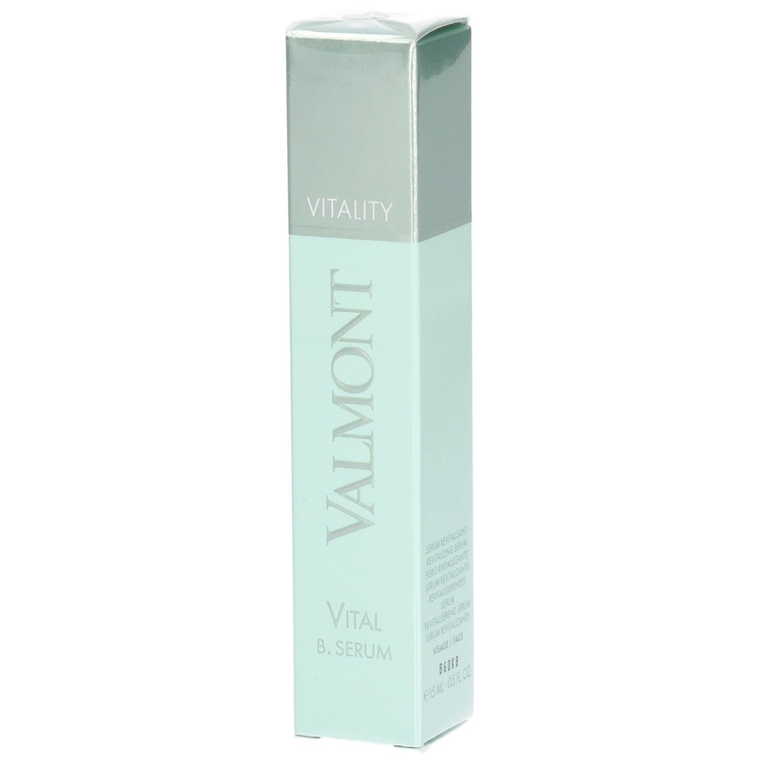 Emballage VALMONT Vital B. Serum, menthe et argent.