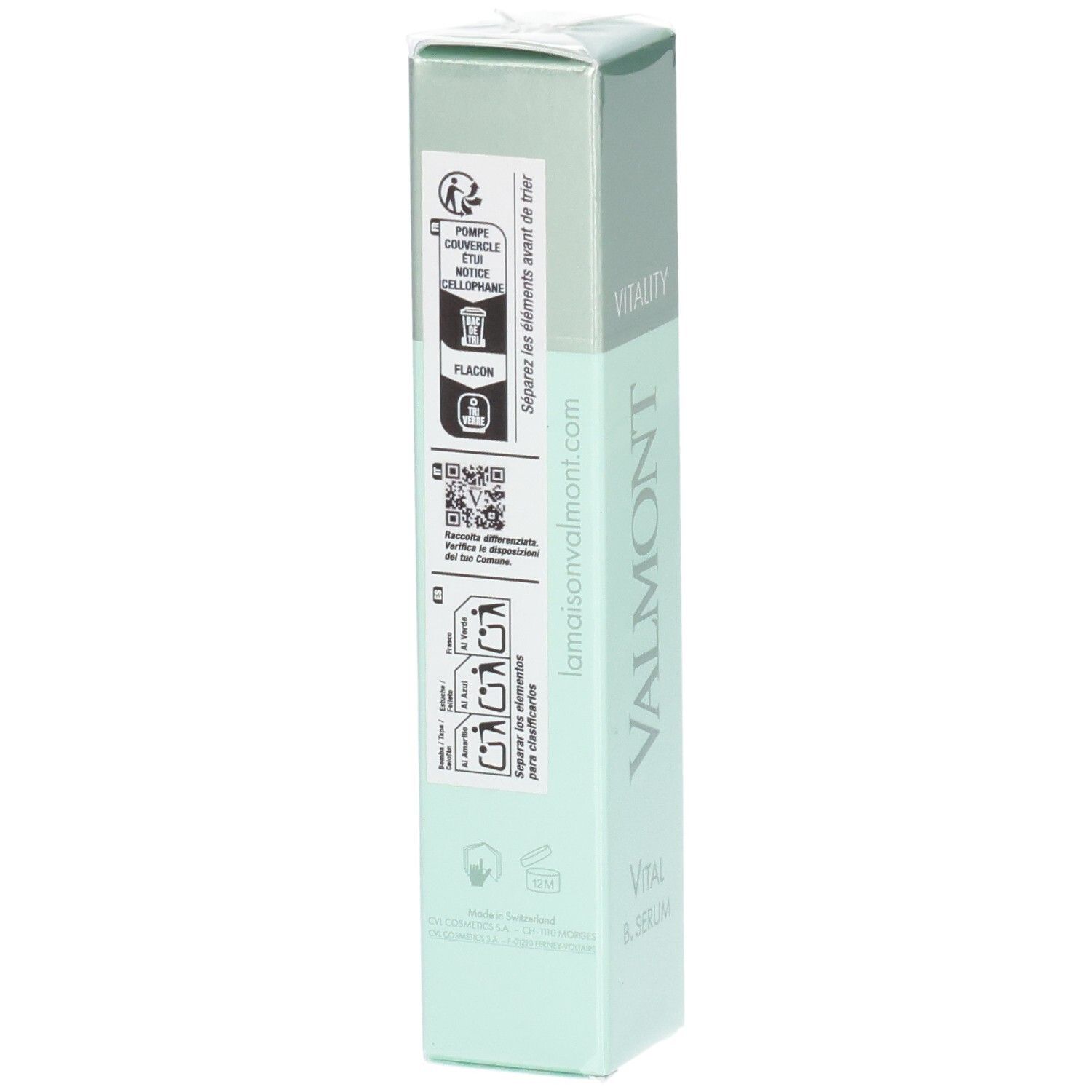Emballage VALMONT Vital B. Serum, vue latérale avec informations.