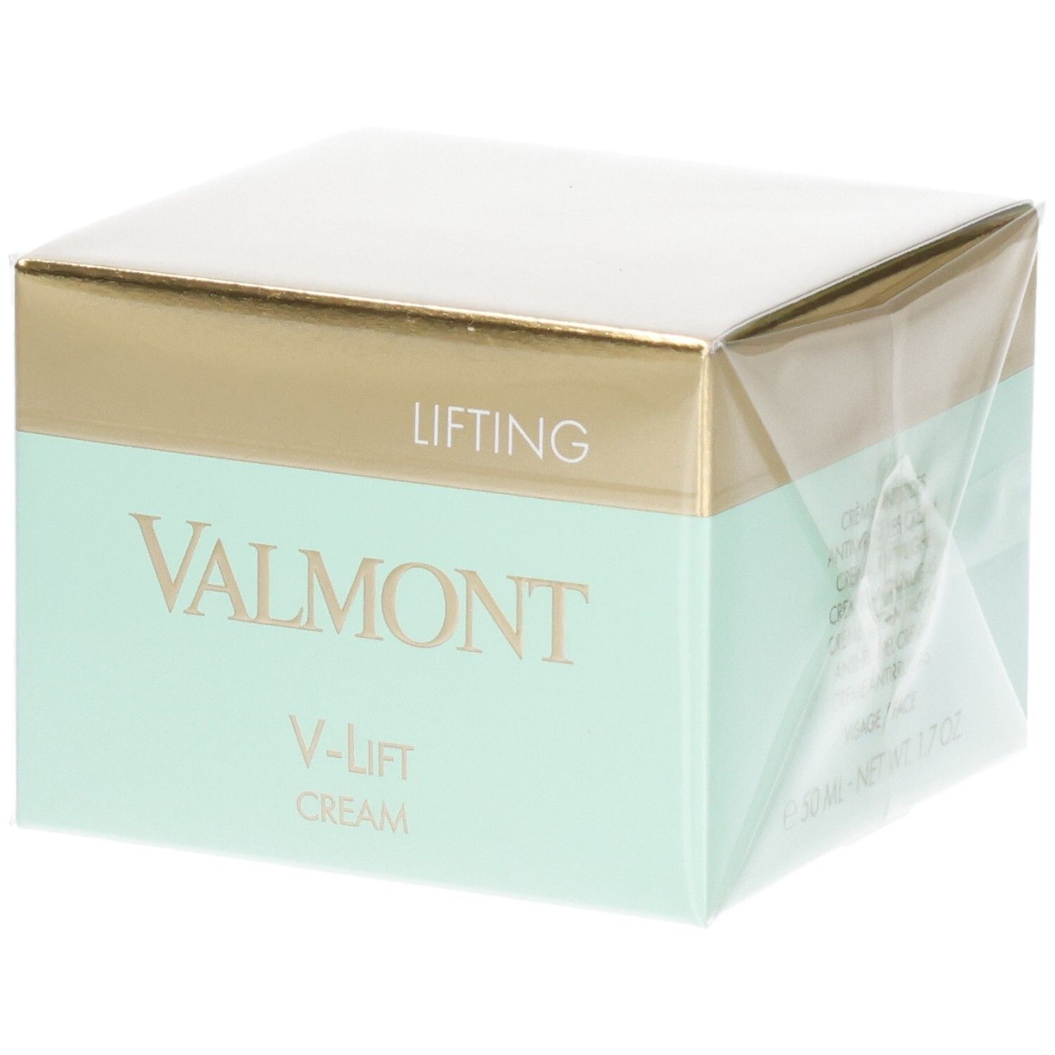 Emballage VALMONT V-Lift Cream avec bande dorée et menthe. Inscriptions "LIFTING" et "VALMONT".