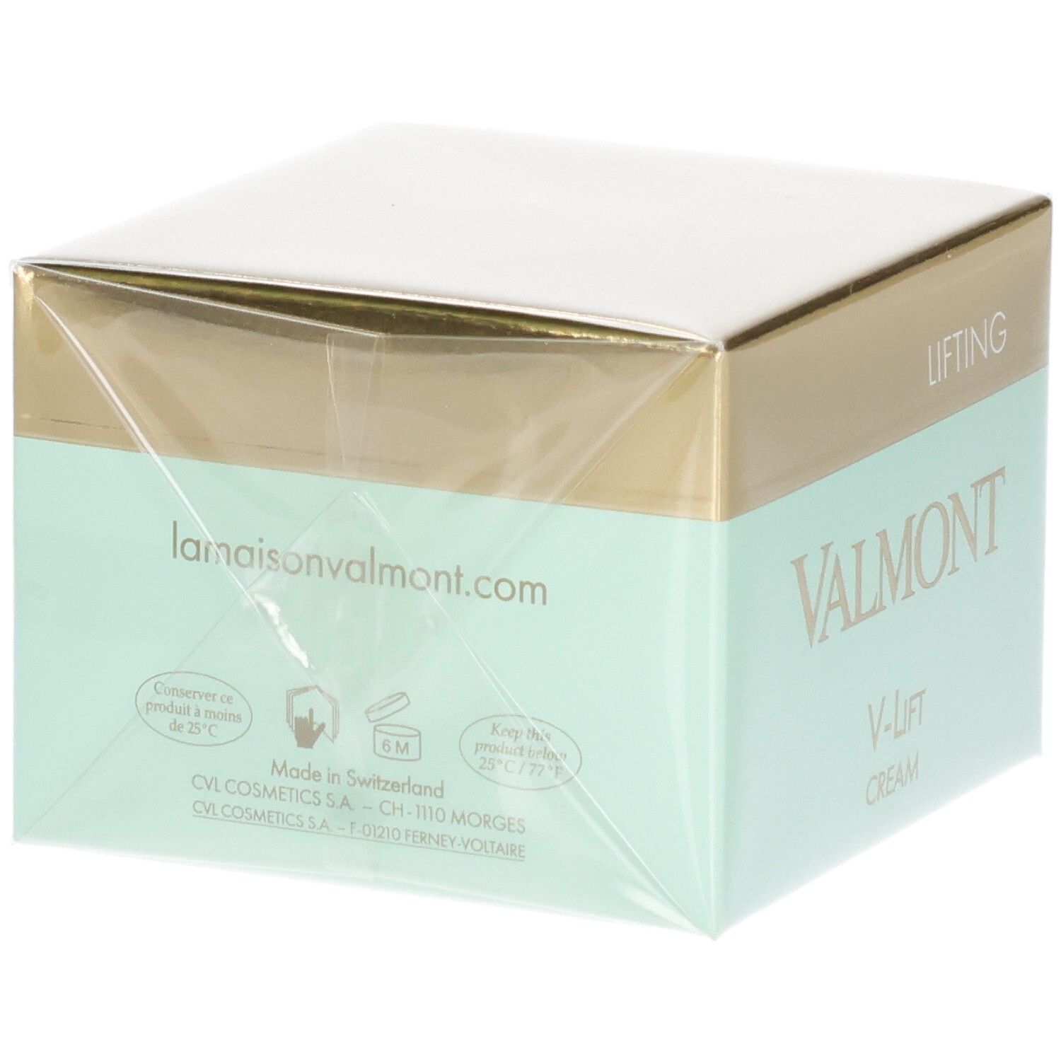 Emballage VALMONT V-Lift Cream. Arrière avec site web, lieu de fabrication et symboles. Inscriptions "LIFTING" et "VALMONT".