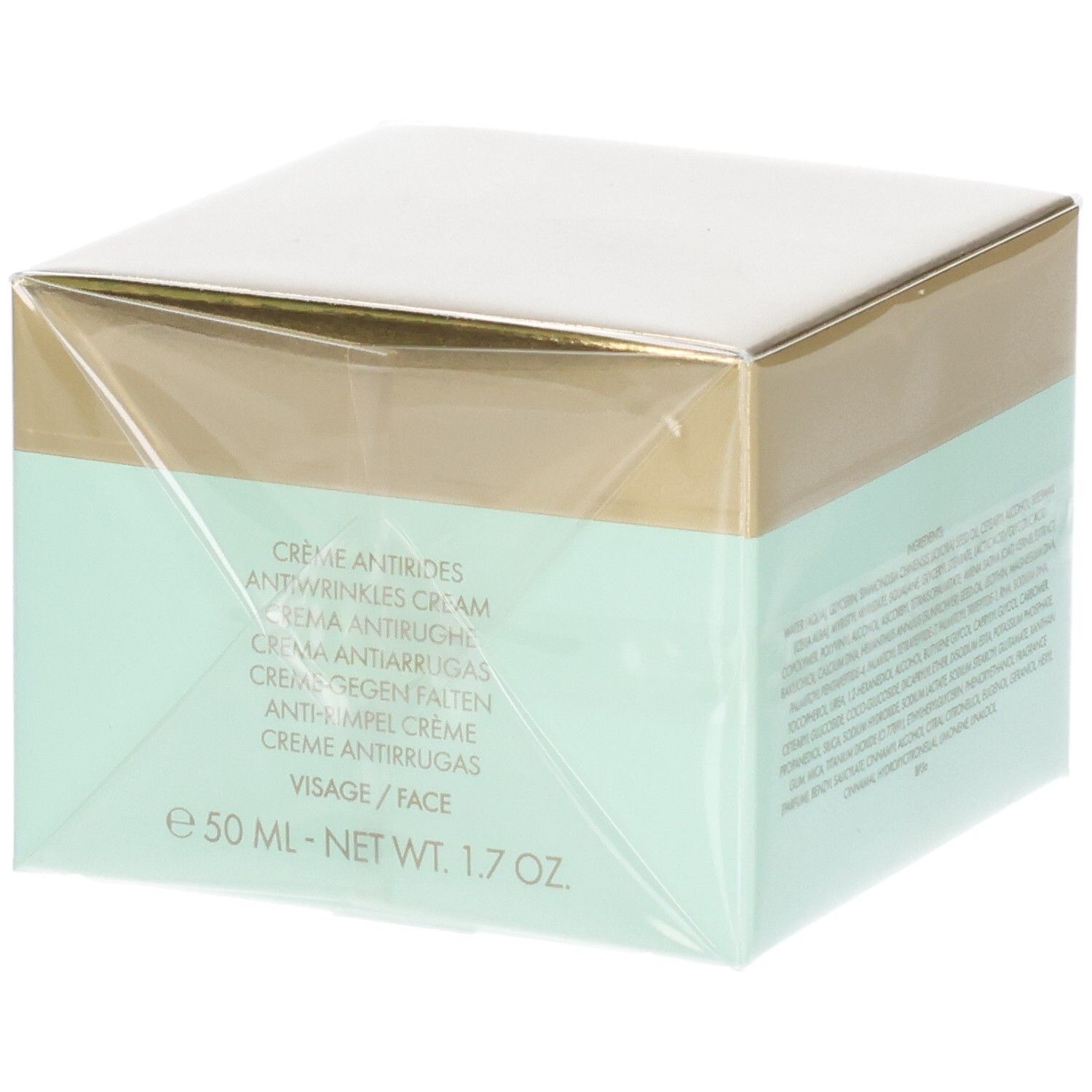 Emballage VALMONT V-Lift Cream. Façade avec "Crème antirides" et indication de taille "50 ML - NET WT. 1.7 OZ.".