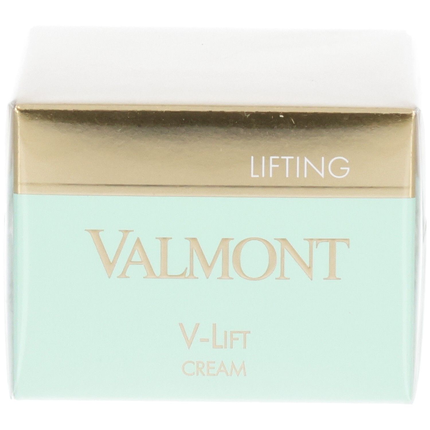 Emballage VALMONT V-Lift Cream. Gros plan de la façade avec bande dorée et menthe. Inscriptions "LIFTING" et "VALMONT".