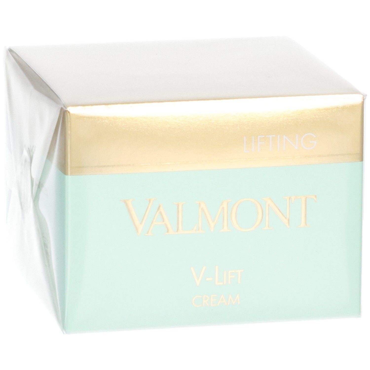 Emballage VALMONT V-Lift Cream. Vue latérale avec bande dorée et menthe. Inscriptions "LIFTING" et "VALMONT".