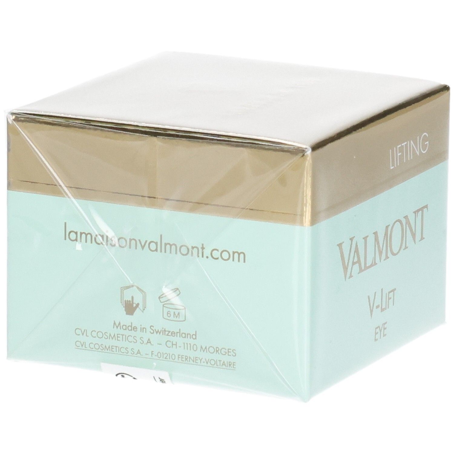 Emballage VALMONT V-Lift Eye Cream, verso avec "Made in Switzerland" et site web.