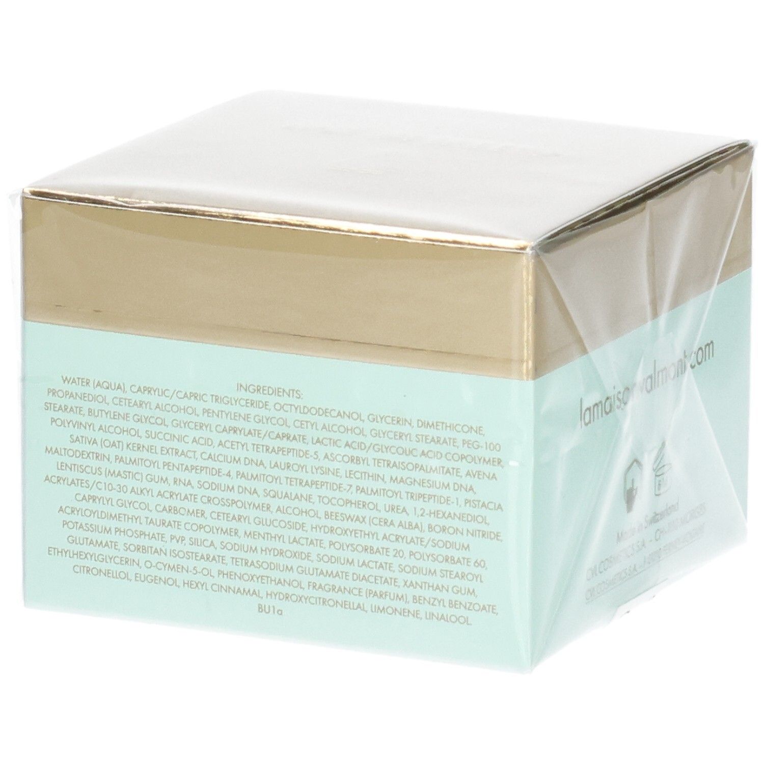 Emballage VALMONT V-Lift Eye Cream, côté avec liste des ingrédients.