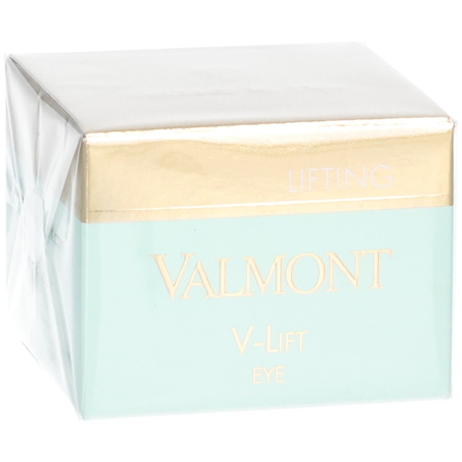 Emballage VALMONT V-Lift Eye Cream, vue de trois quarts avant avec "Lifting" et nom du produit.
