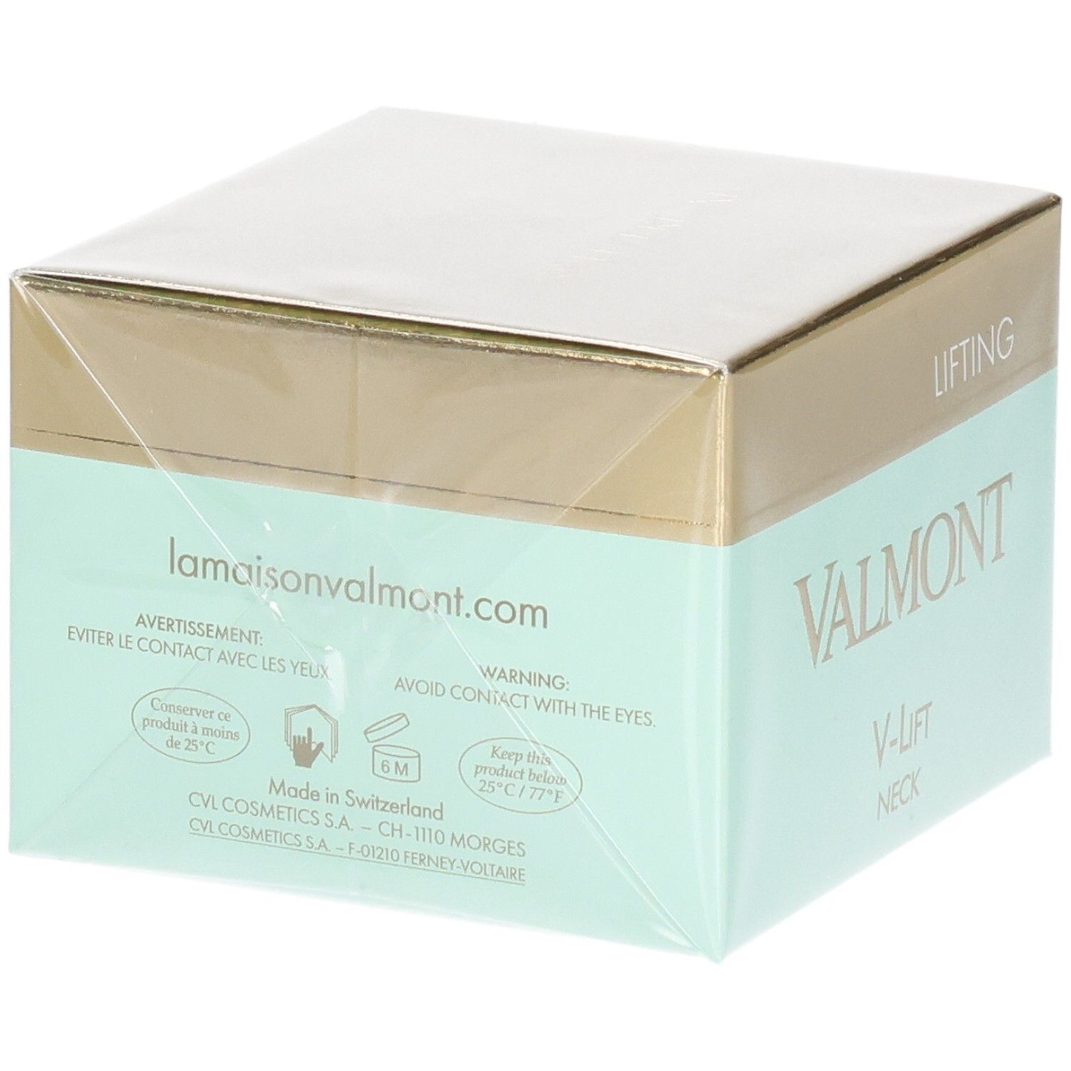 VALMONT V-Lift Neck Crème Liftante emballage avec avertissements et informations fabricant.