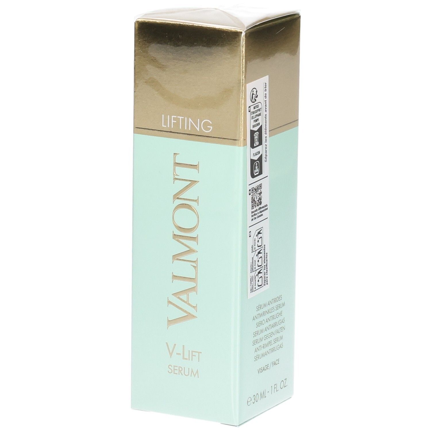 VALMONT V-Lift Serum, sérum anti-rides, emballage vert menthe et doré.